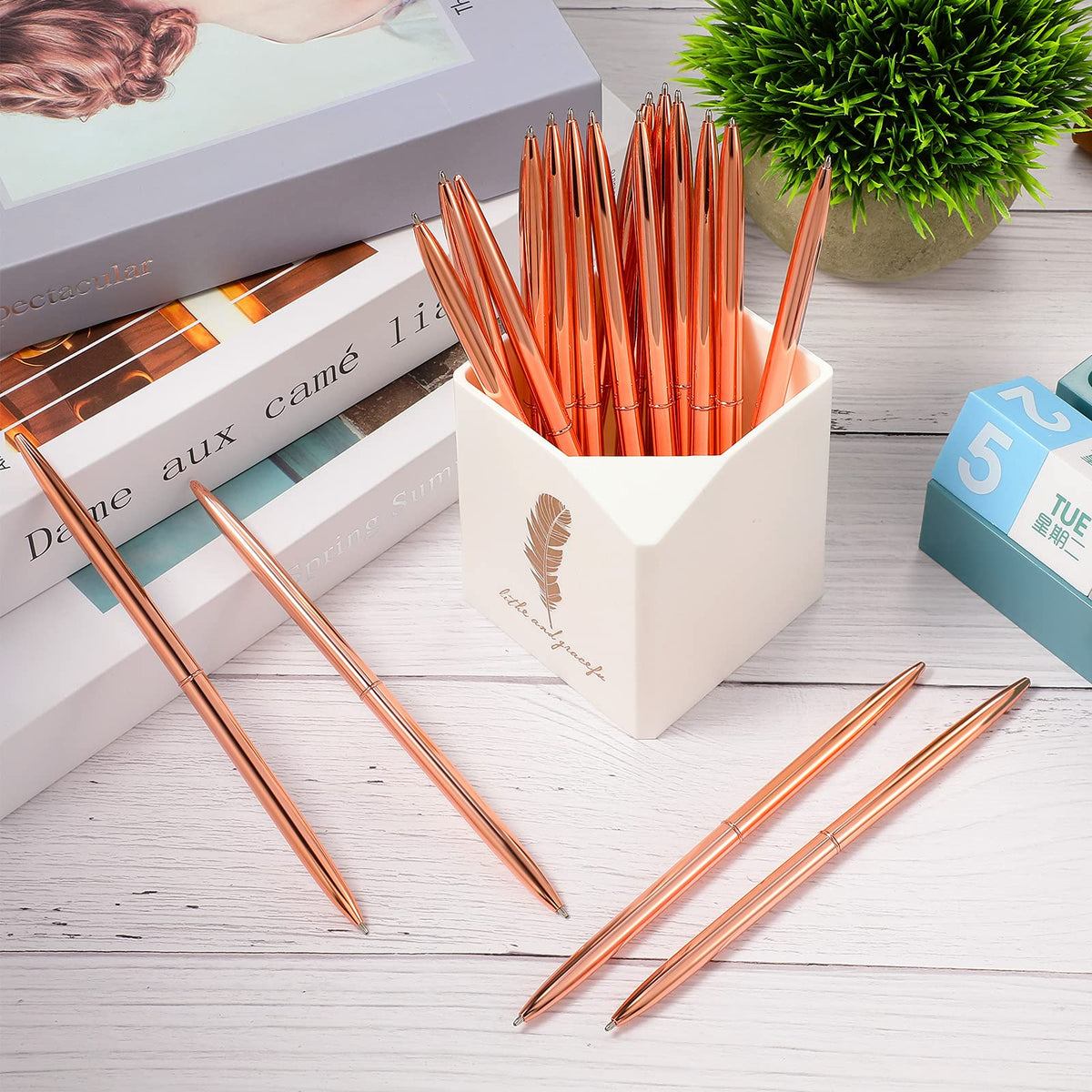Outus 30 Pcs Rose Gold Ballpoint Pens Slim Metallic Retractable Lightweight Pens Set 1mm Medium