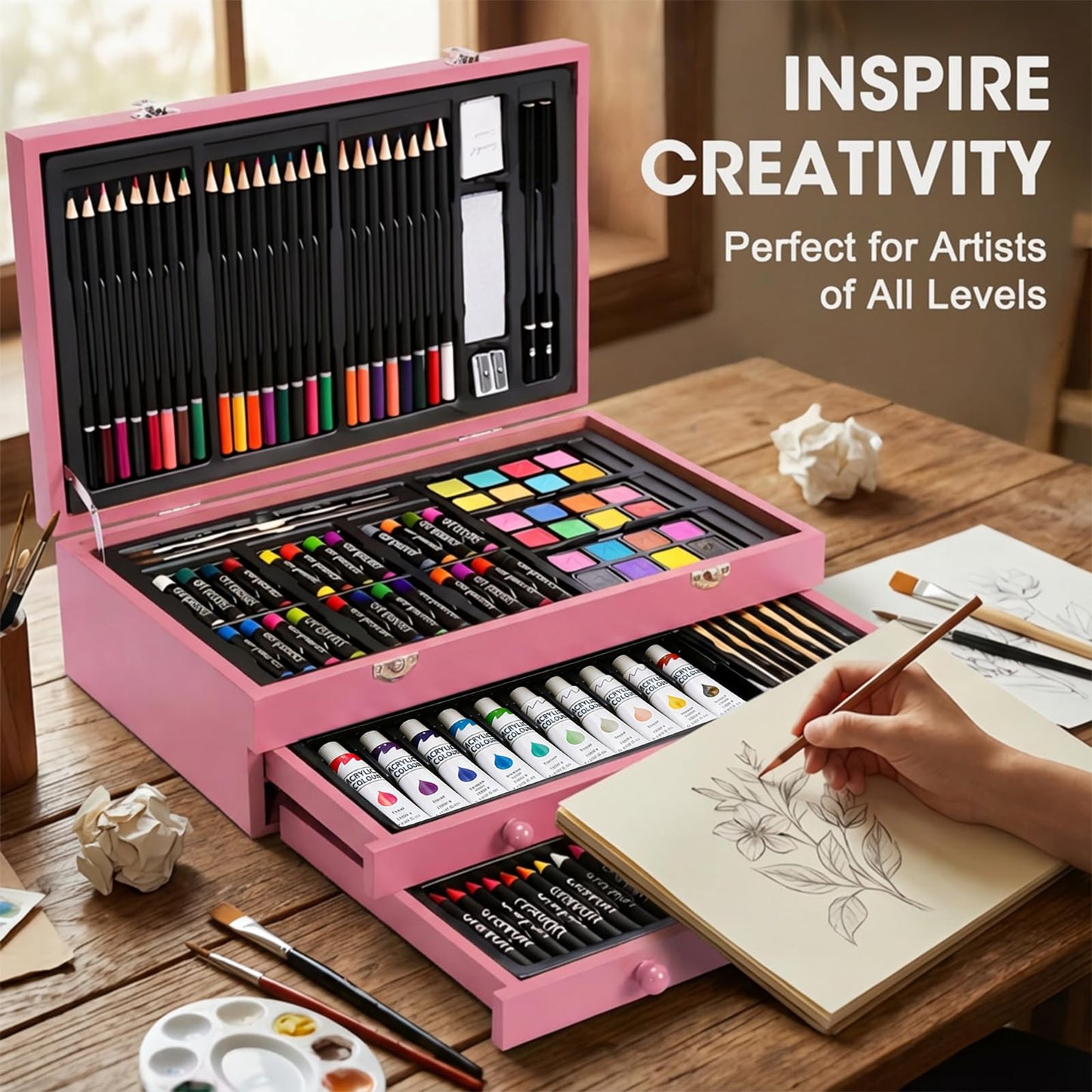 175-Pack Deluxe Wooden Art Set Drawing Painting Kit with 2 Drawing Pads, Acrylic Paints, Colored