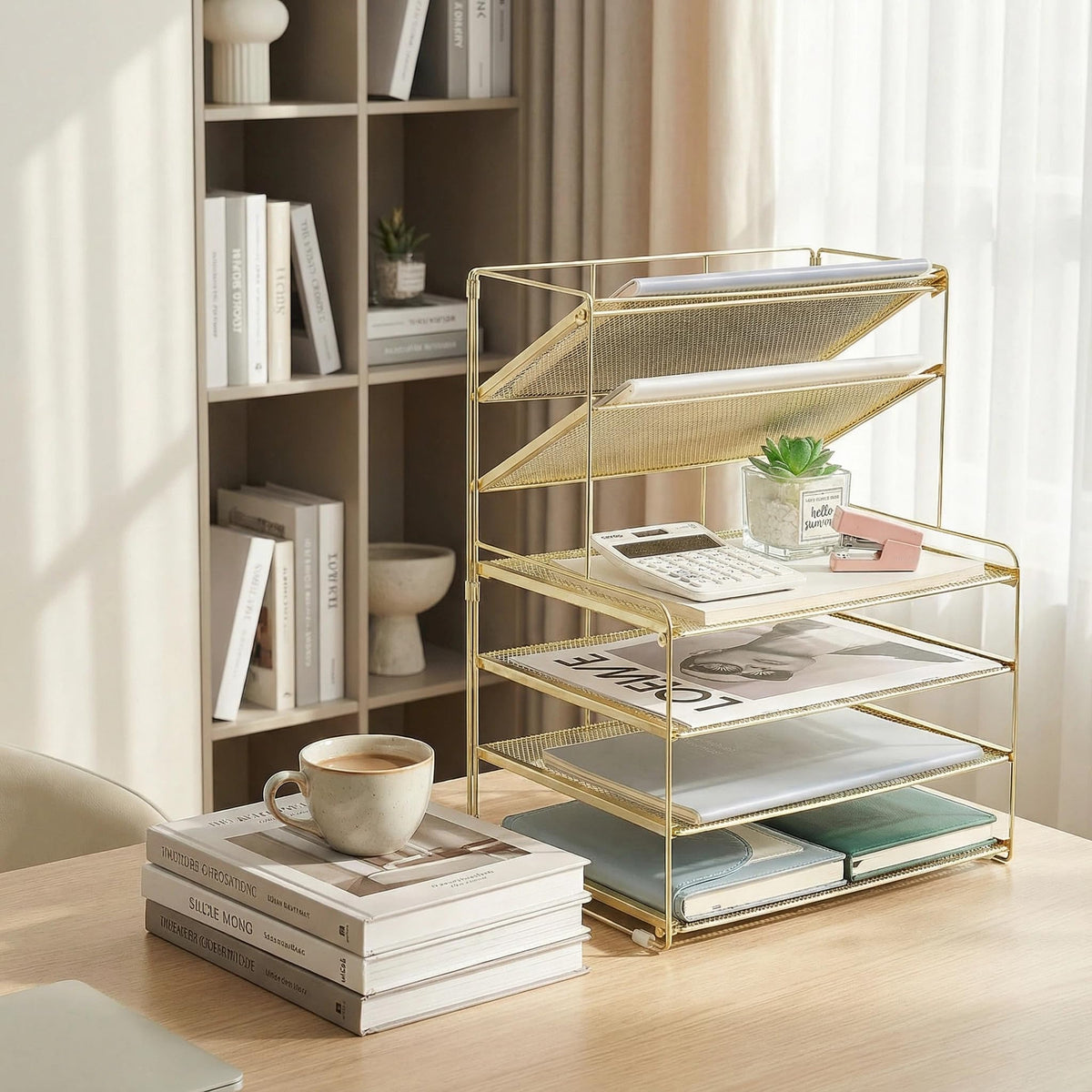 OPNICE Desk Organizer, 6-Tier Paper Organizer Letter Tray, Gold