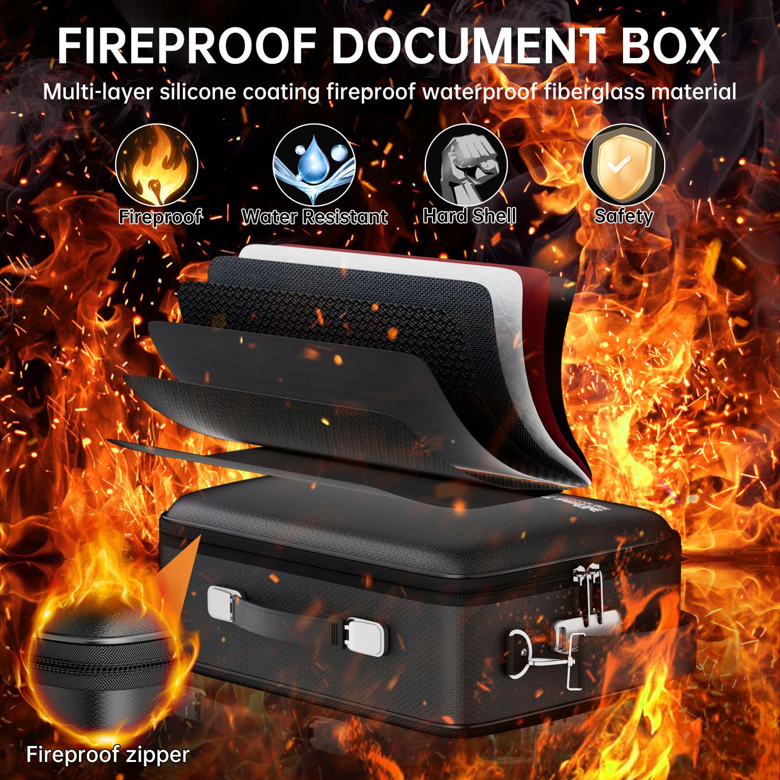 Tamfile Fireproof Document Box, Hard Case Safe File Box with Lock, Black