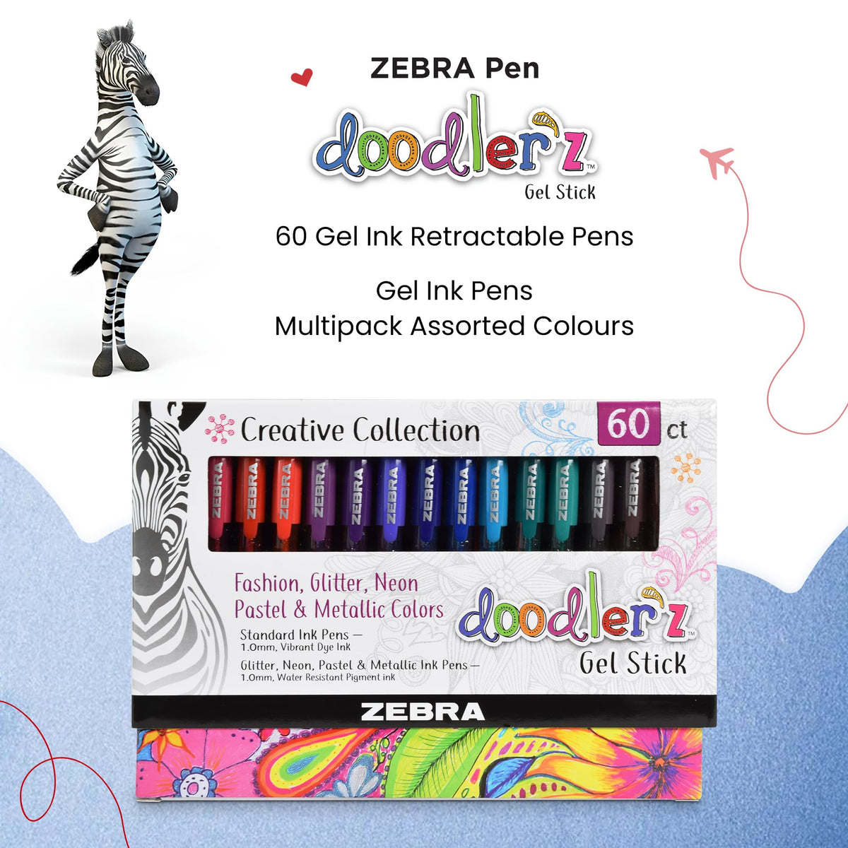 ZEBRA Doodler'z Gel Stick Pens, 1.0 mm, Fashion. Glitter, Neon and Pastel Colours. Box of 60 pens