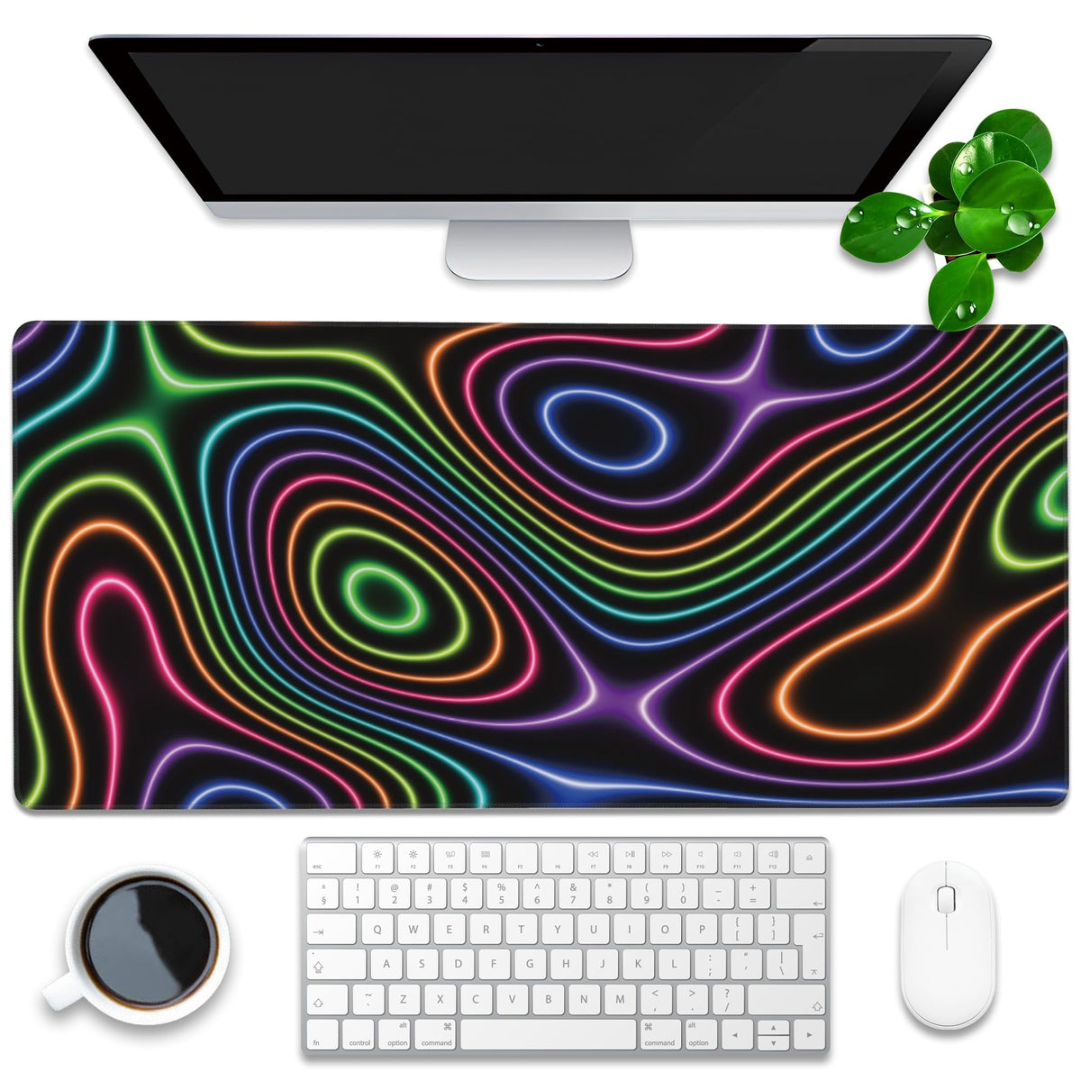 Desk Mat, Colorful Neon Topographic Contour Map Extended Gaming Mouse Pad Large, 35.4"x15.7" Big