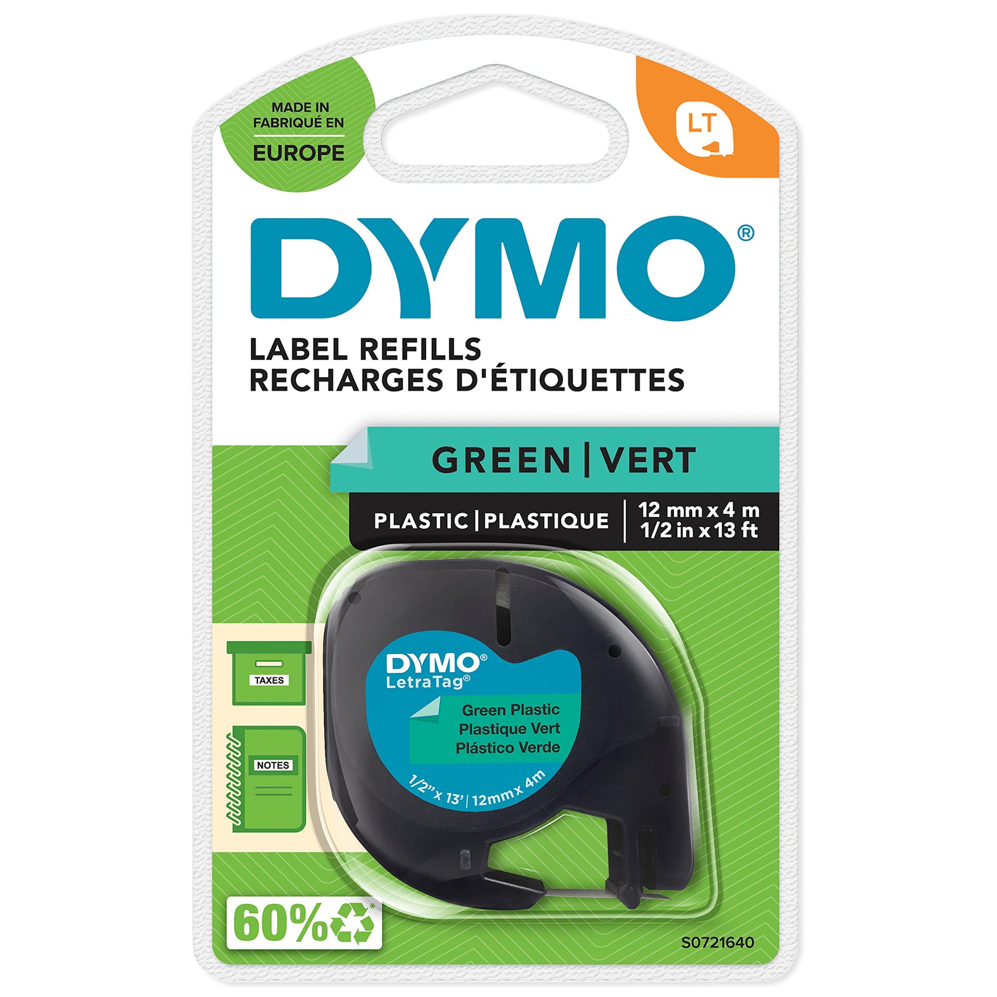 DYMO Authentic LT Plastic Labels | 12 mm x 4 m Roll | Black Print on Green Labels | for LetraTag