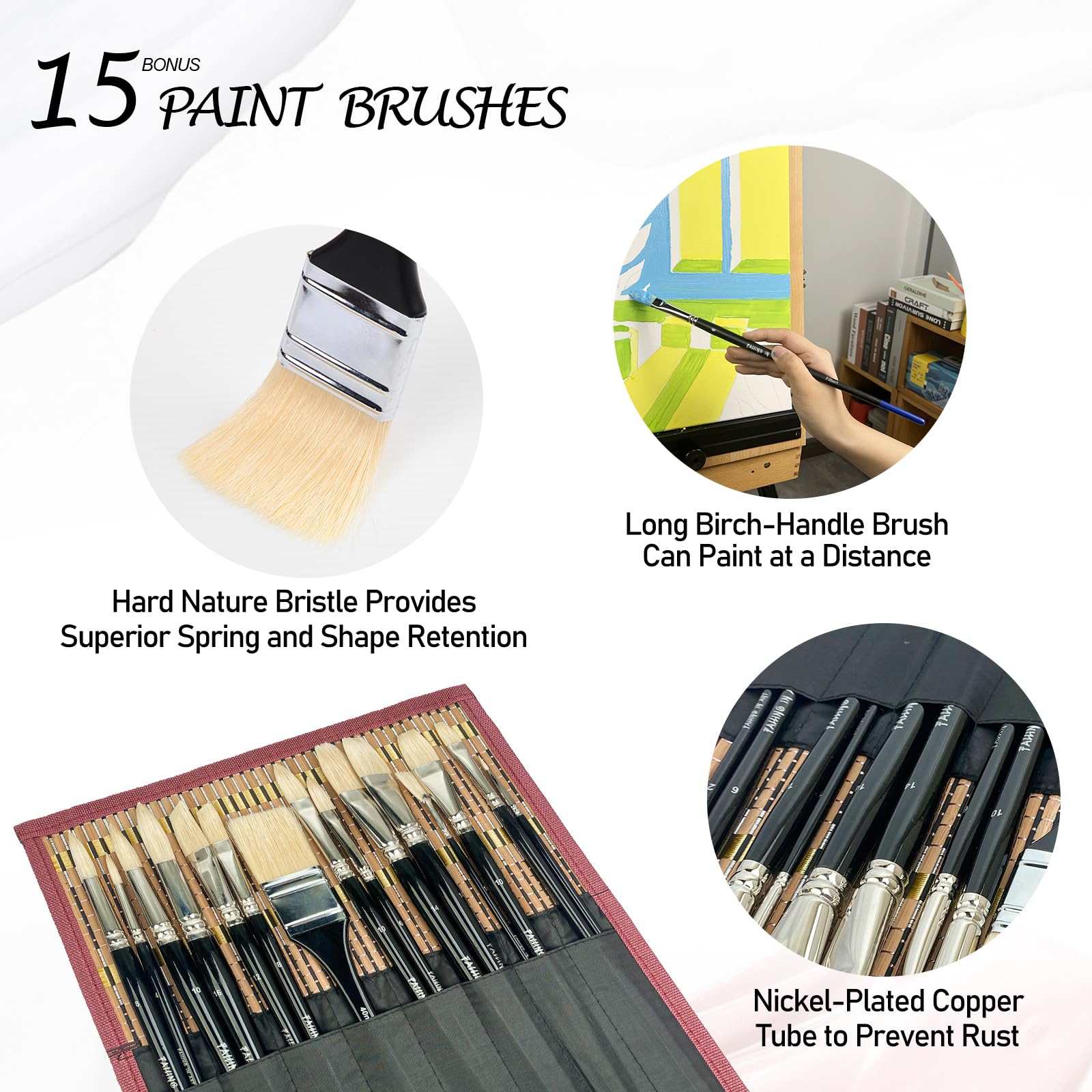 Falling in Art 15 Pcs Professional Oil Paint Brush Set, Natural Hog Bristle
