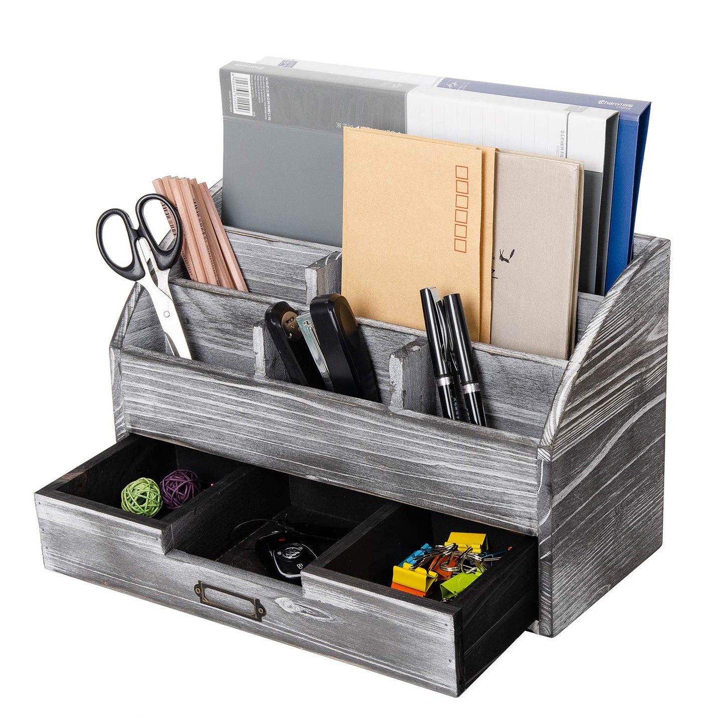 canwedance Distressed Rustic Wooden Office Desk Organizer 5 Compartment with 2 Drawer &Counter Desk