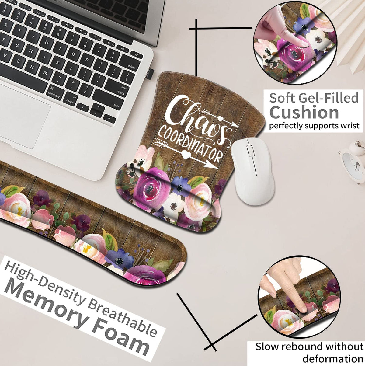 Chaos Coordinator Quotes Vintage Watercolor Floral Mouse Pad and Wrist Guard, Keyboard Wrist Rest