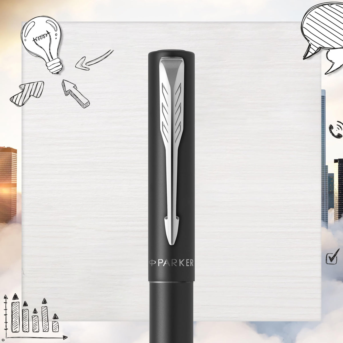 PARKER Vector XL Fountain Pen | Metallic Black Lacquer on Brass | Medium Nib with Blue Ink Refill |
