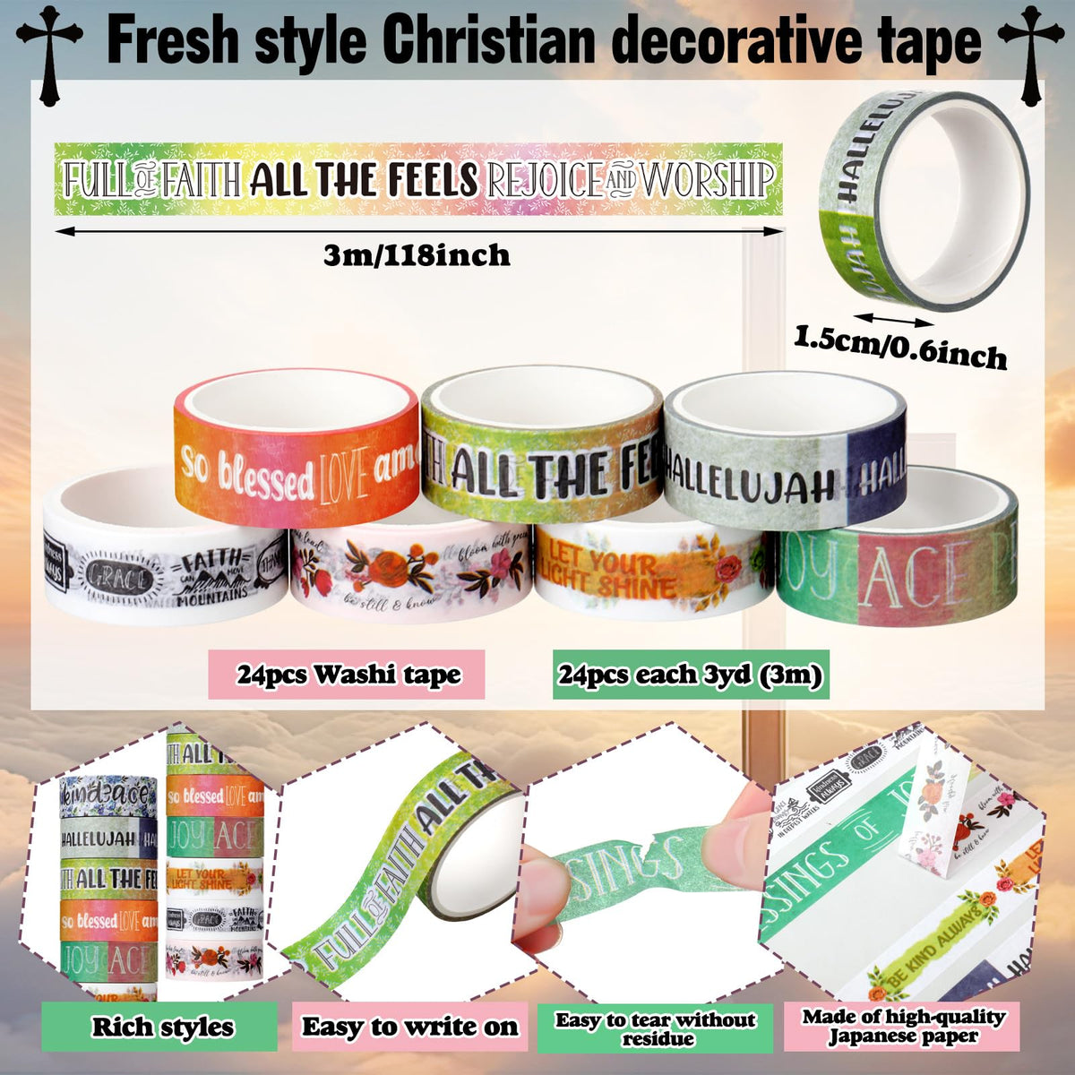 Janlaugh 24 Rolls Christian Washi Tape Gifts for Bible Journaling, Vintage
