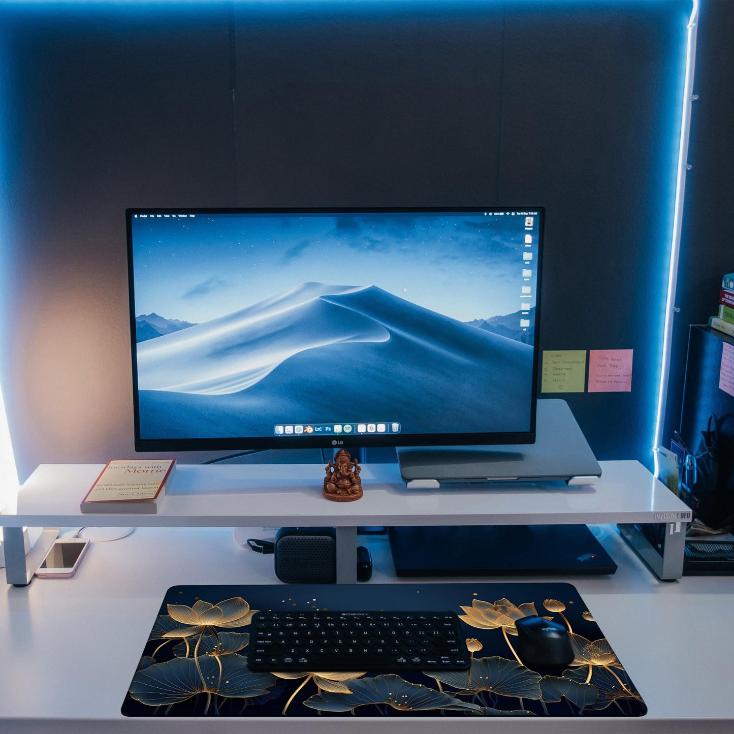 KOAIWPAE Desk Pad,Luxury Golden Lotus Line Arts Desk Mat,Dark Blue Background Large Gaming Mouse