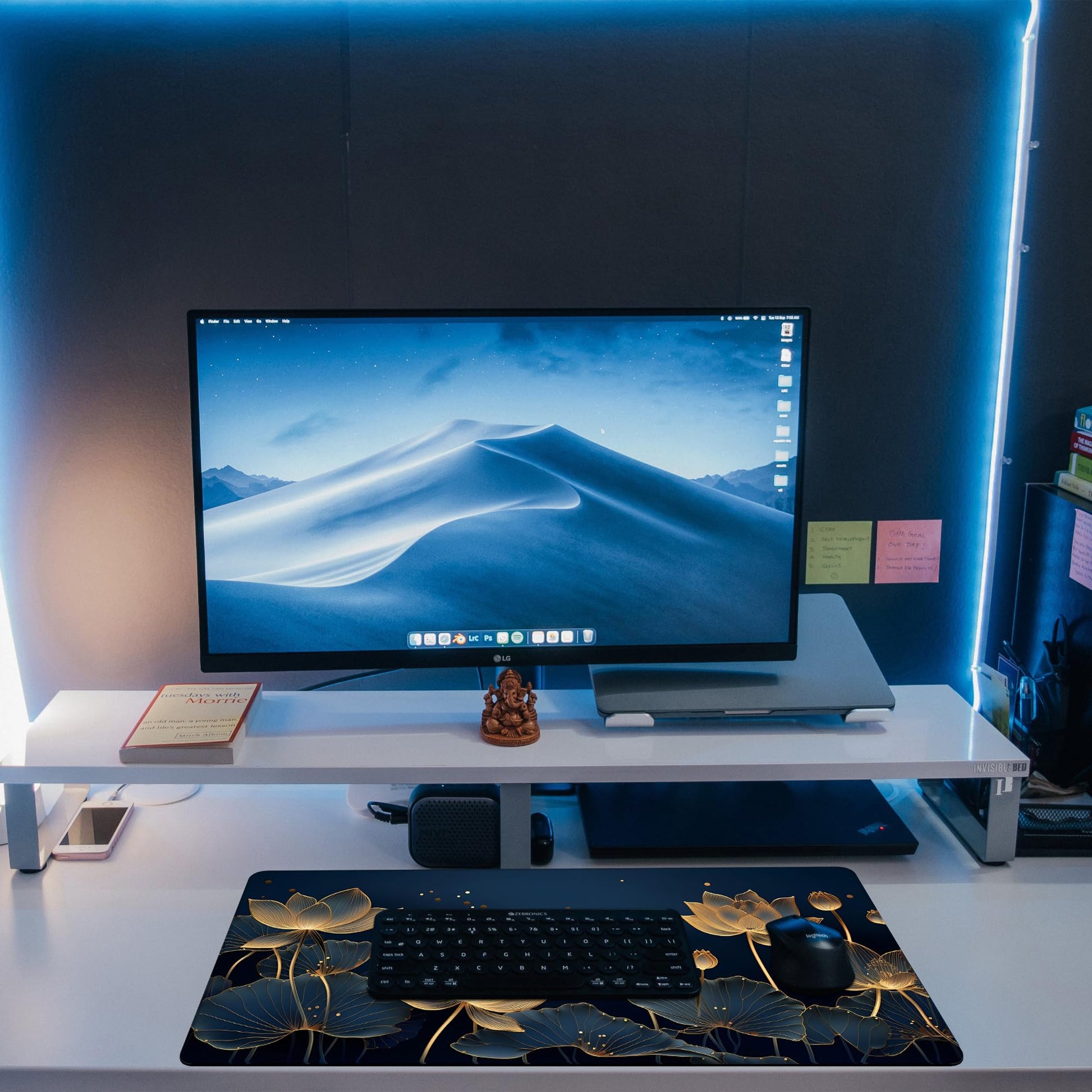 KOAIWPAE Desk Pad,Luxury Golden Lotus Line Arts Desk Mat,Dark Blue Background Large Gaming Mouse