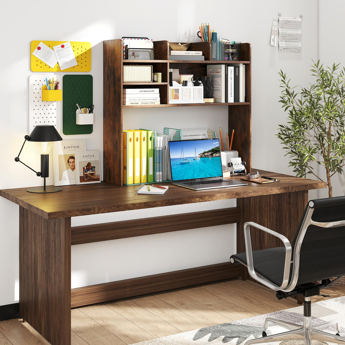 GIANTEX Desktop Bookshelf, 37" Desk Hutch Dorm for Computer Up to 32 Inch, Countertop Hutch w/6