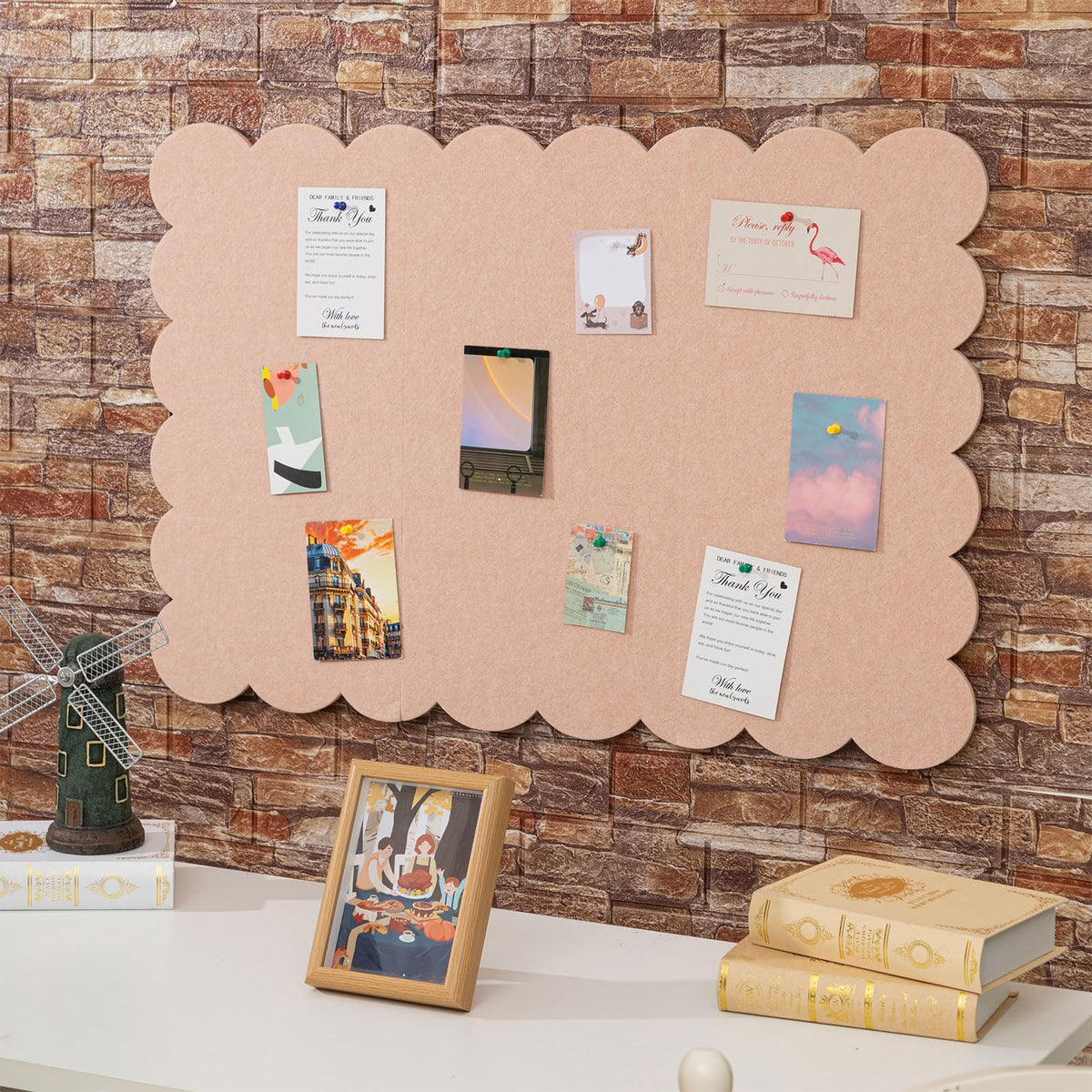 Mooliwe Scalloped Felt Bulletin Cork Board Foldable Flesh Pink 36 * 24 Inch