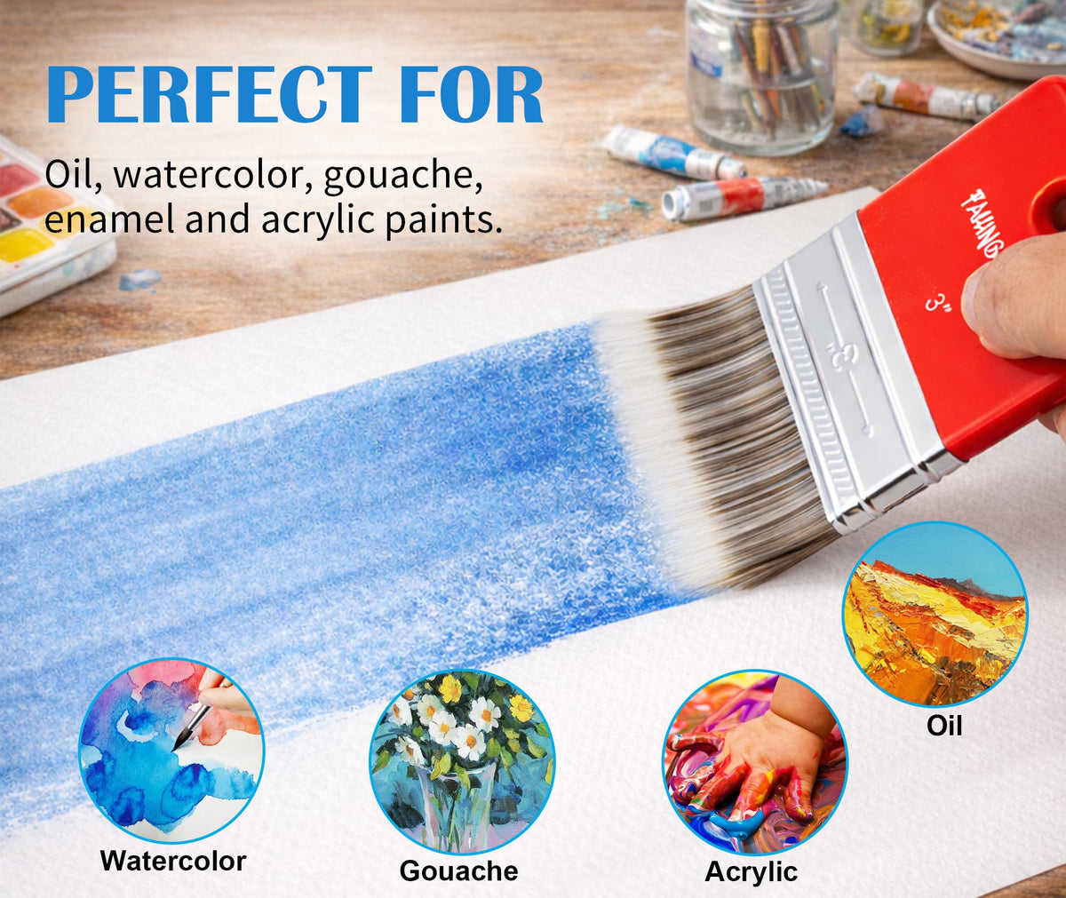 Falling in Art 3 PCS Flat Paddle Paint Brush Set (1'',2'',3'')