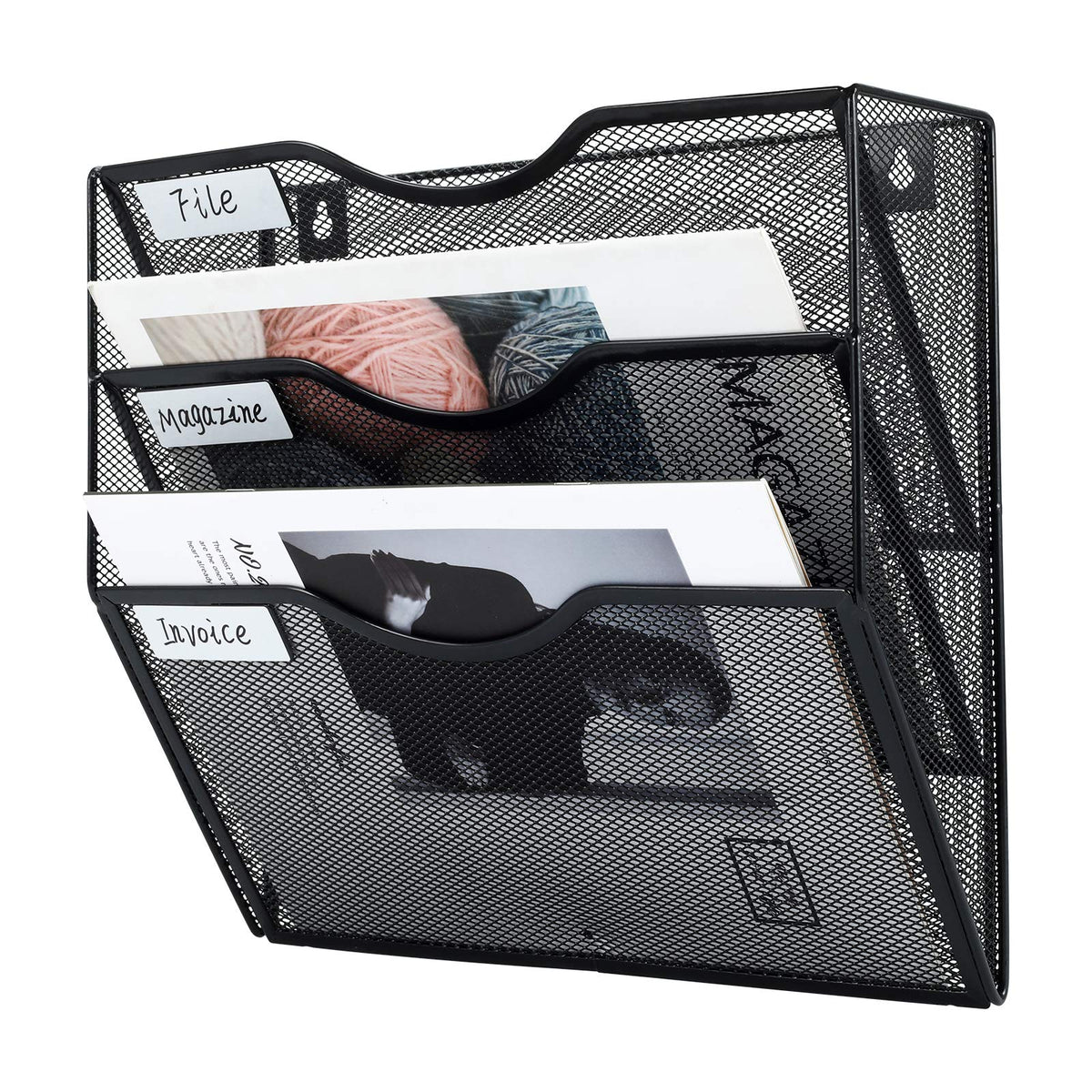 PAG-Mass Hanging Wall File Holder Mail Organizer Wall Mount Document Letter Rack, 3-Tier, Black