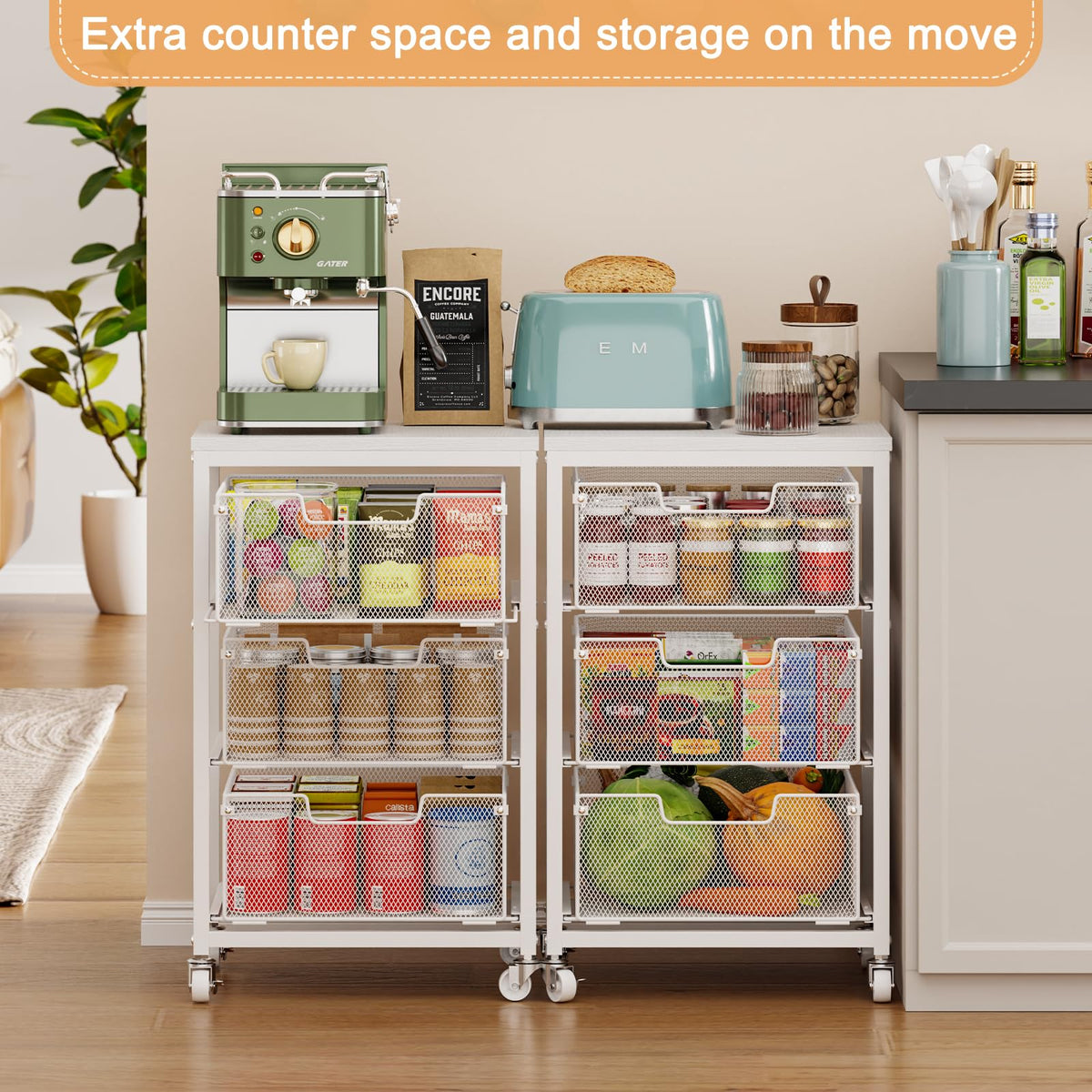 Kitchen Cart with Storage, 3-Tier Pantry Organizer and Storage Cart with Drawer, Fruit Vegetable