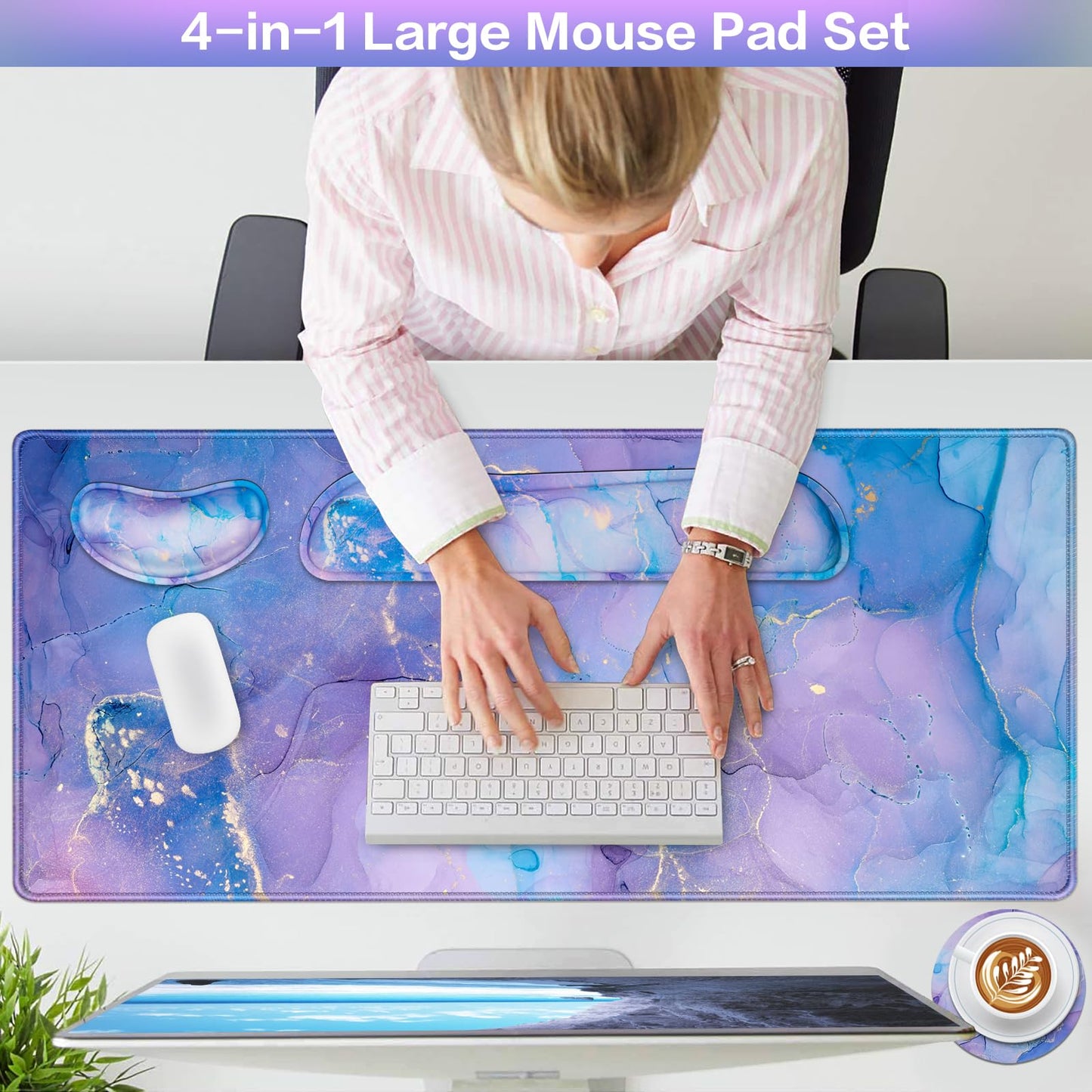 4-in-1 Mouse Pad with Wrist Rest Purple,35.4×15.7in Large Gaming Mouse Pad