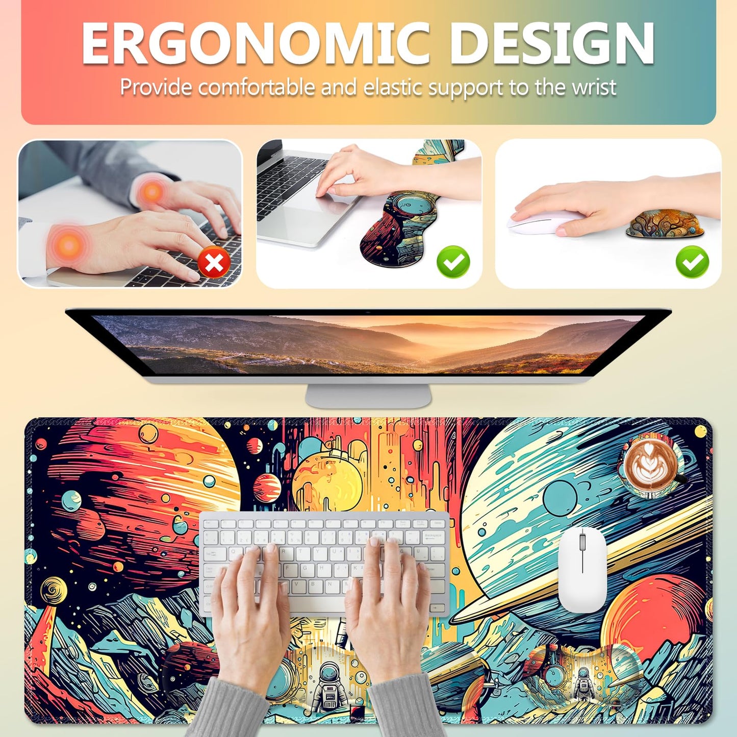 AIMSA Desk Mat Set, Mouse Pad with Wrist Rest +Keyboard Wrist Rest +Large Mouse Mat +Coaster, 4in1
