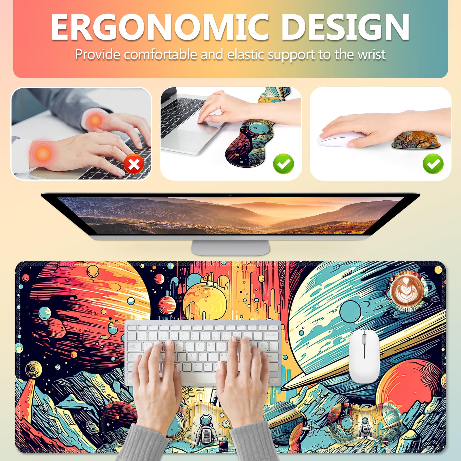AIMSA Desk Mat Set, Mouse Pad with Wrist Rest +Keyboard Wrist Rest +Large Mouse Mat +Coaster, 4in1
