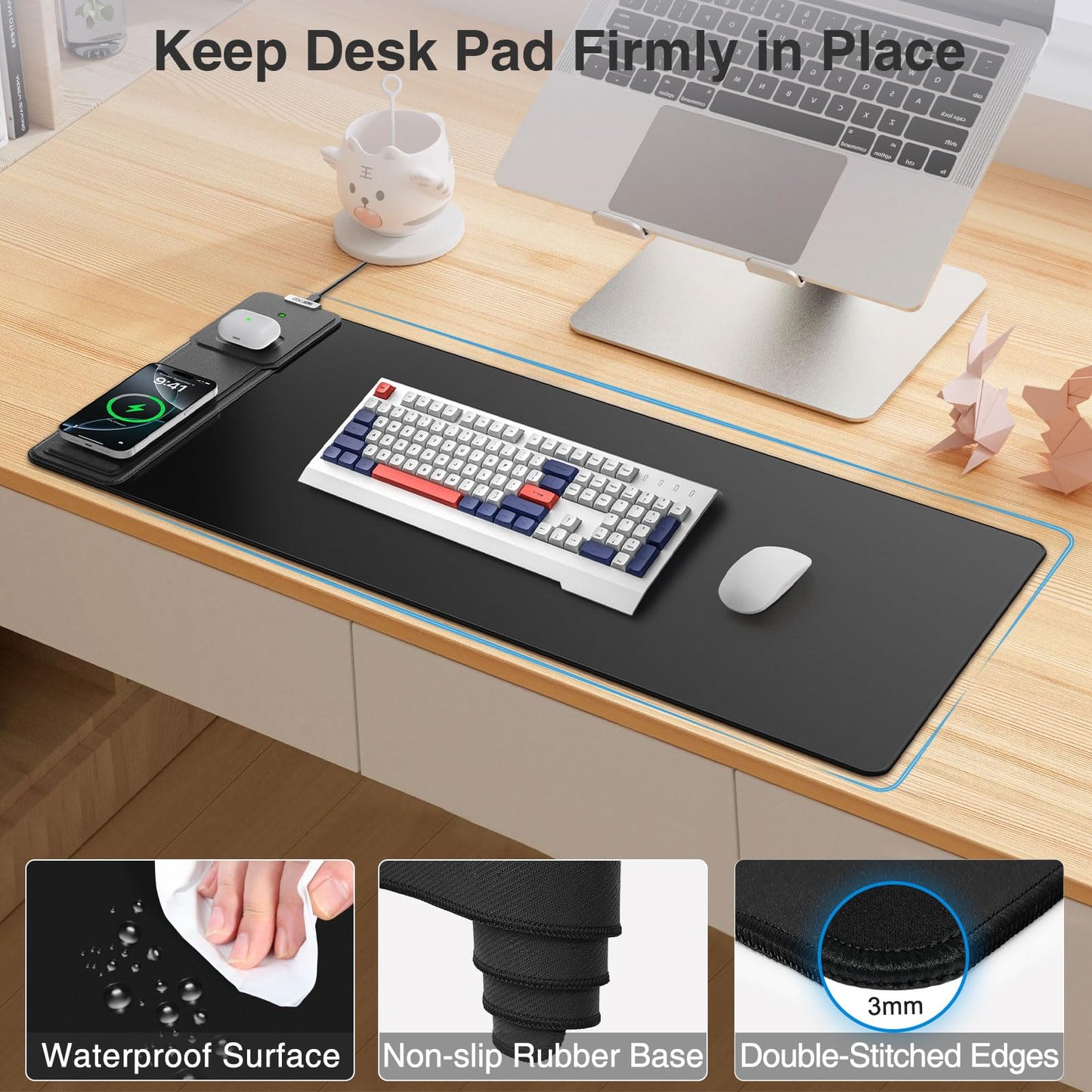Wireless Charging Mouse Pad with Foldable Phone Holder, 31.5"x15.8", Black