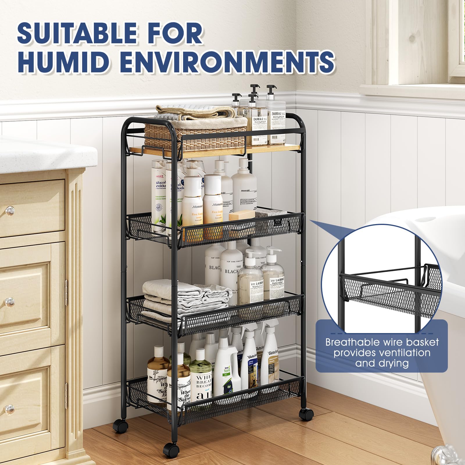 TOOLF 4-Tier Rolling Cart, Metal Utility Cart, Slide Out Storage Cart with Wooden Tabletop and Mesh
