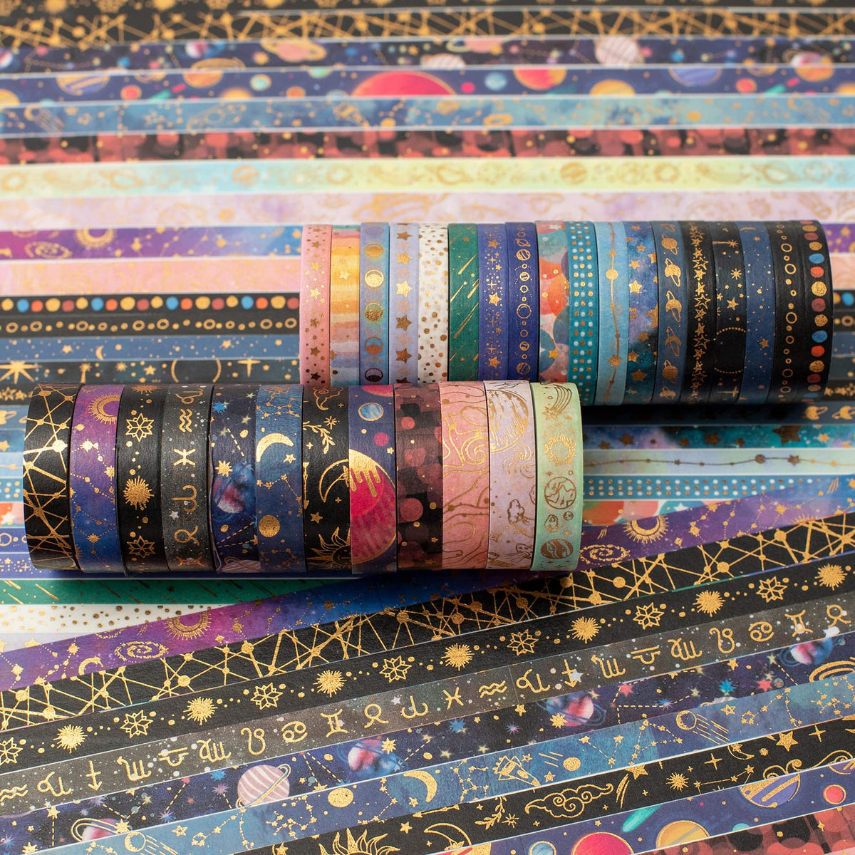 YUBX Skinny Galaxy Washi Tape Set 30 Rolls Gold Foil Decorative Starry Space Masking Tapes for