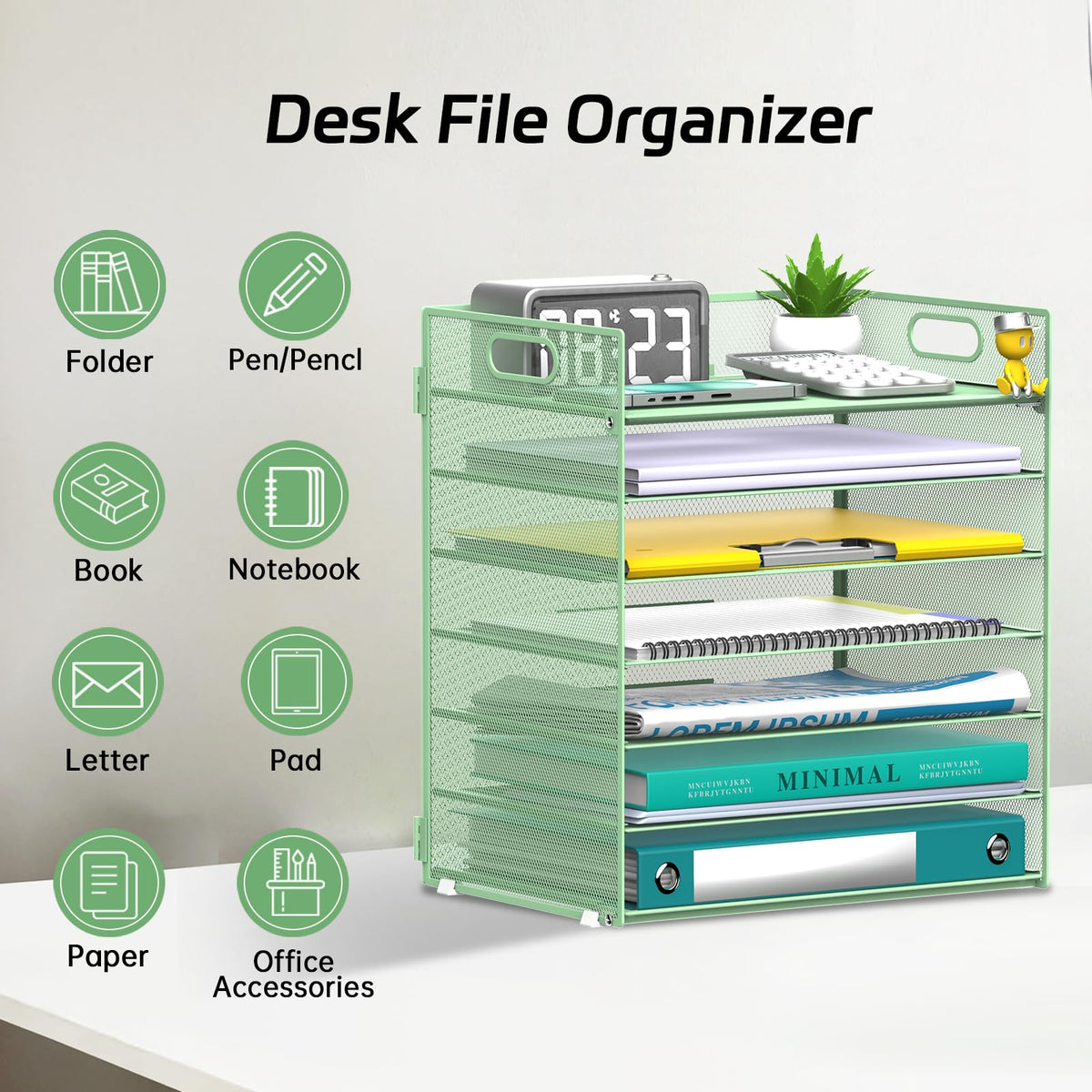 7 Tier Paper Organizer for Desk with Letter Trays & Handle Mint Green