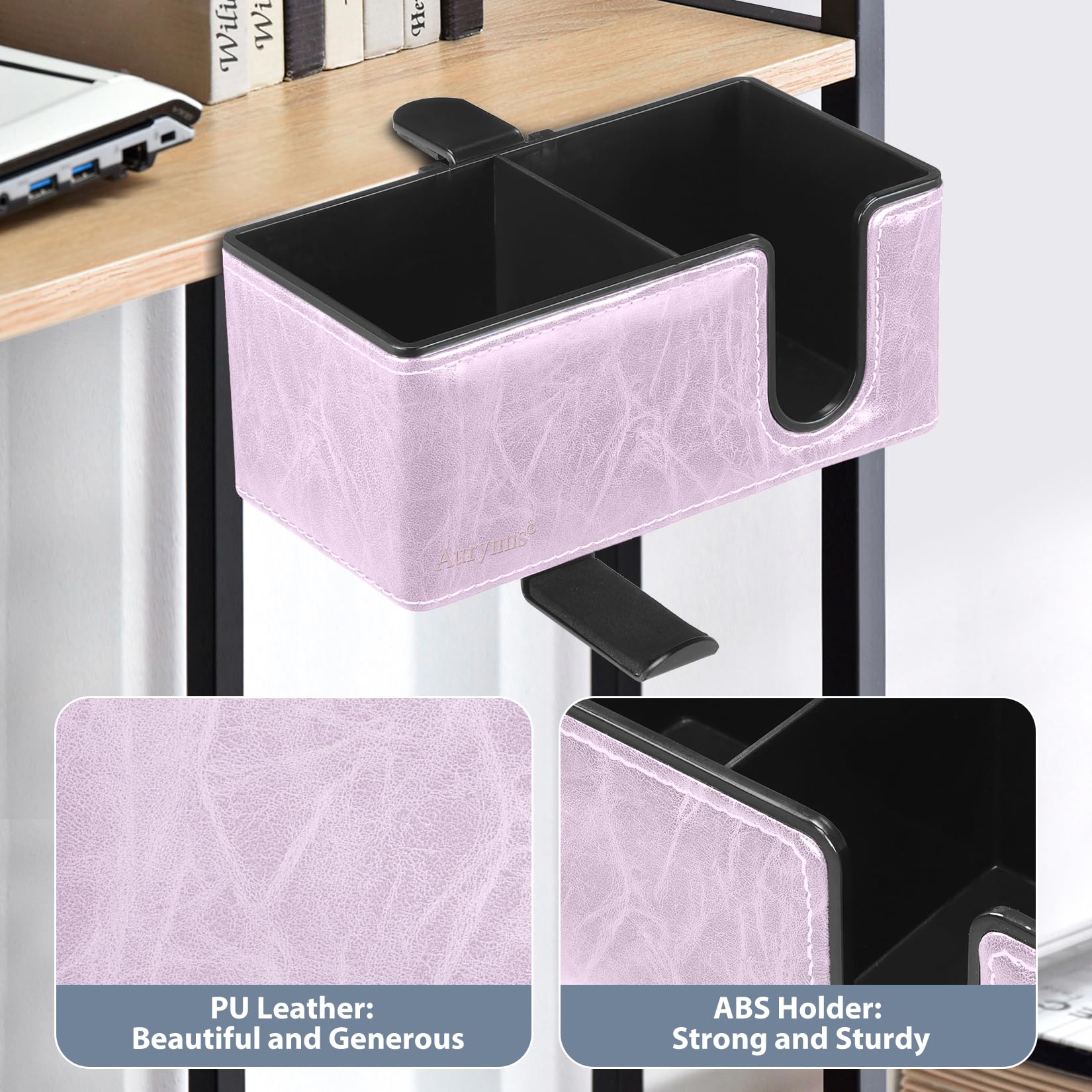 Under Desk Cup Holder Clamp on Cup Holder PU Leather Clip on Desk Organizer