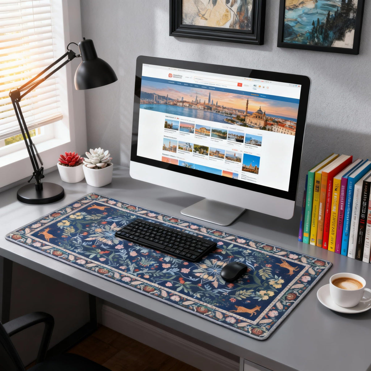 Large Floral Mouse Pad for Women, Navy Blue XXL Desk Mat with Anti-Slip & Stitched Edges, Aesthetic