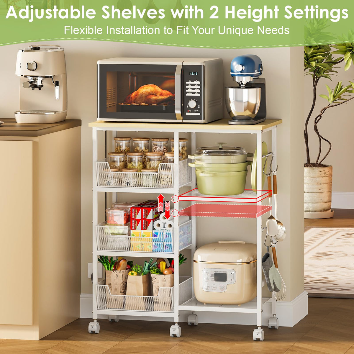 Rolling Kitchen Microwave Organizer Cart, Adjustable Shelves, White