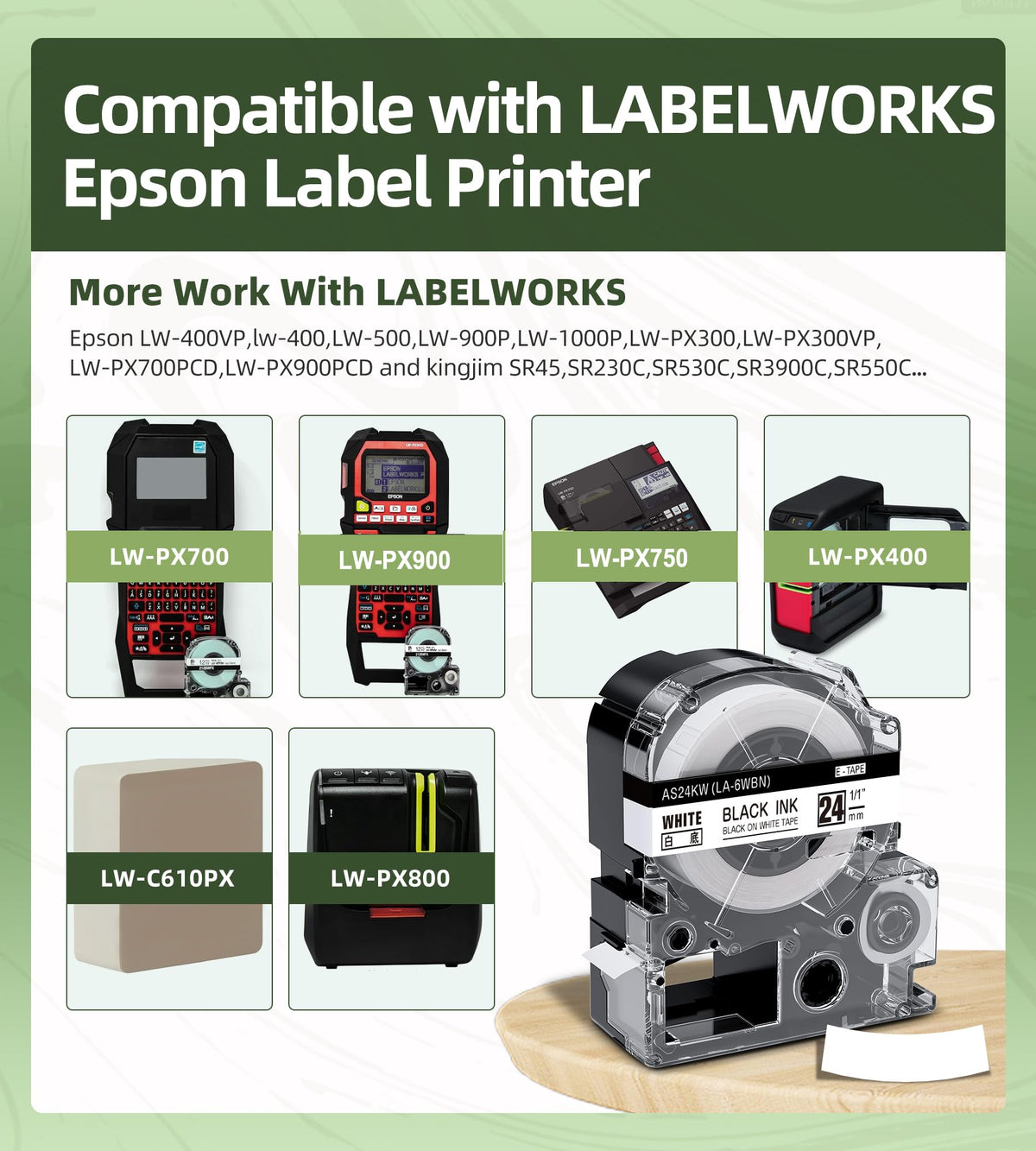 Compatible with Epson Label Maker Tape 24mm LK-6WBN SS24KW LC-6WBN9 LK