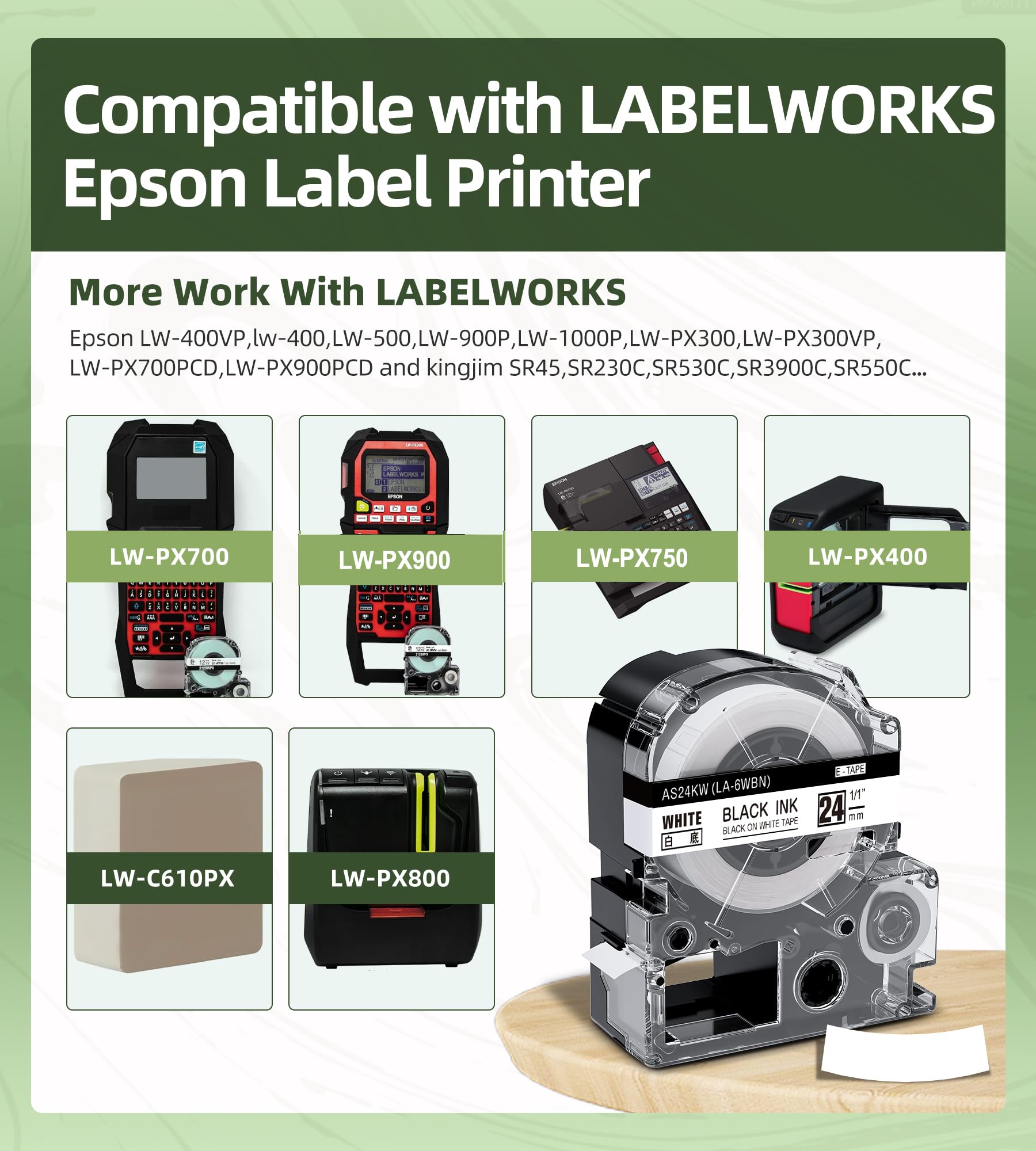 Compatible with Epson Label Maker Tape 24mm LK-6WBN SS24KW LC-6WBN9 LK