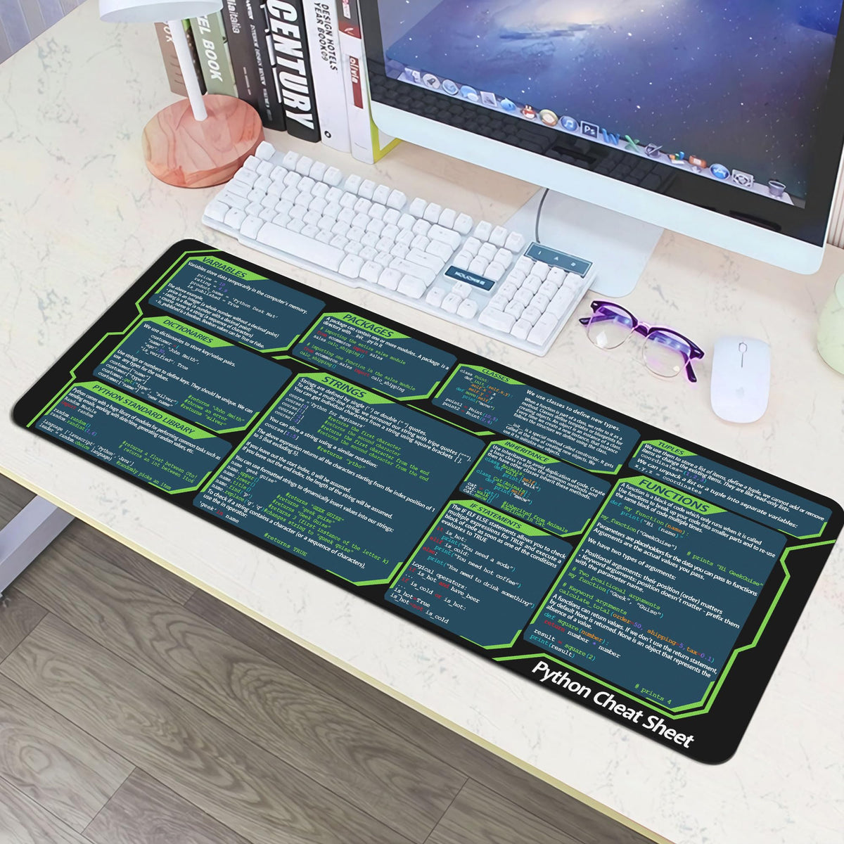 Designfullprint Python Cheat Sheet Mousepad for Beginner, Python Reference Guide Desk Mat, Python