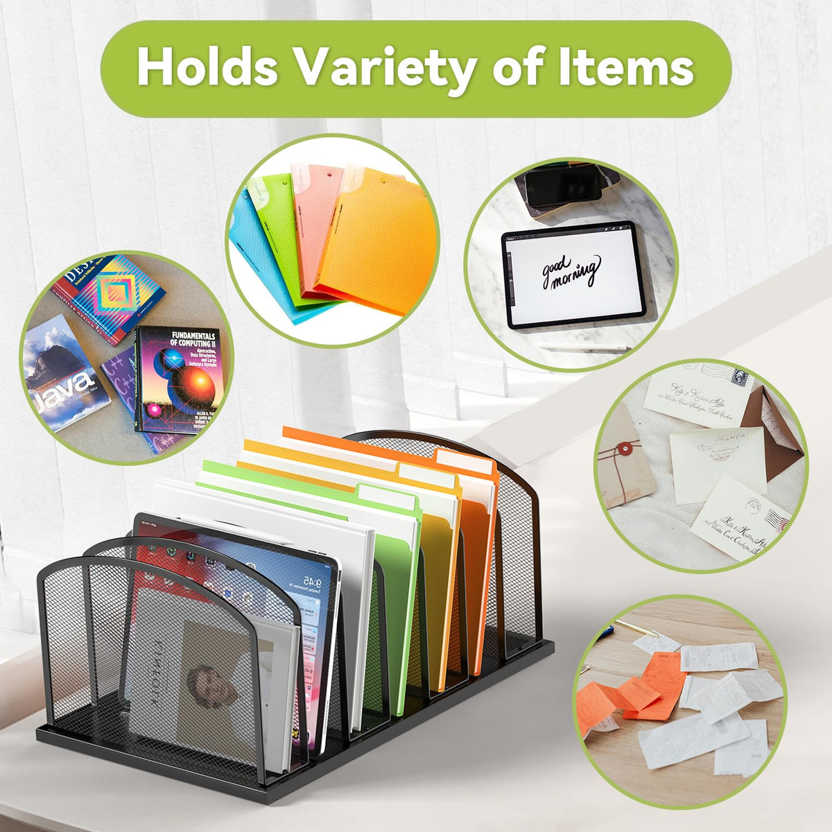 MINDEPOT Desk File Organizer 7 Sections Upright Mesh File Sorter Organizer for Desk, Office