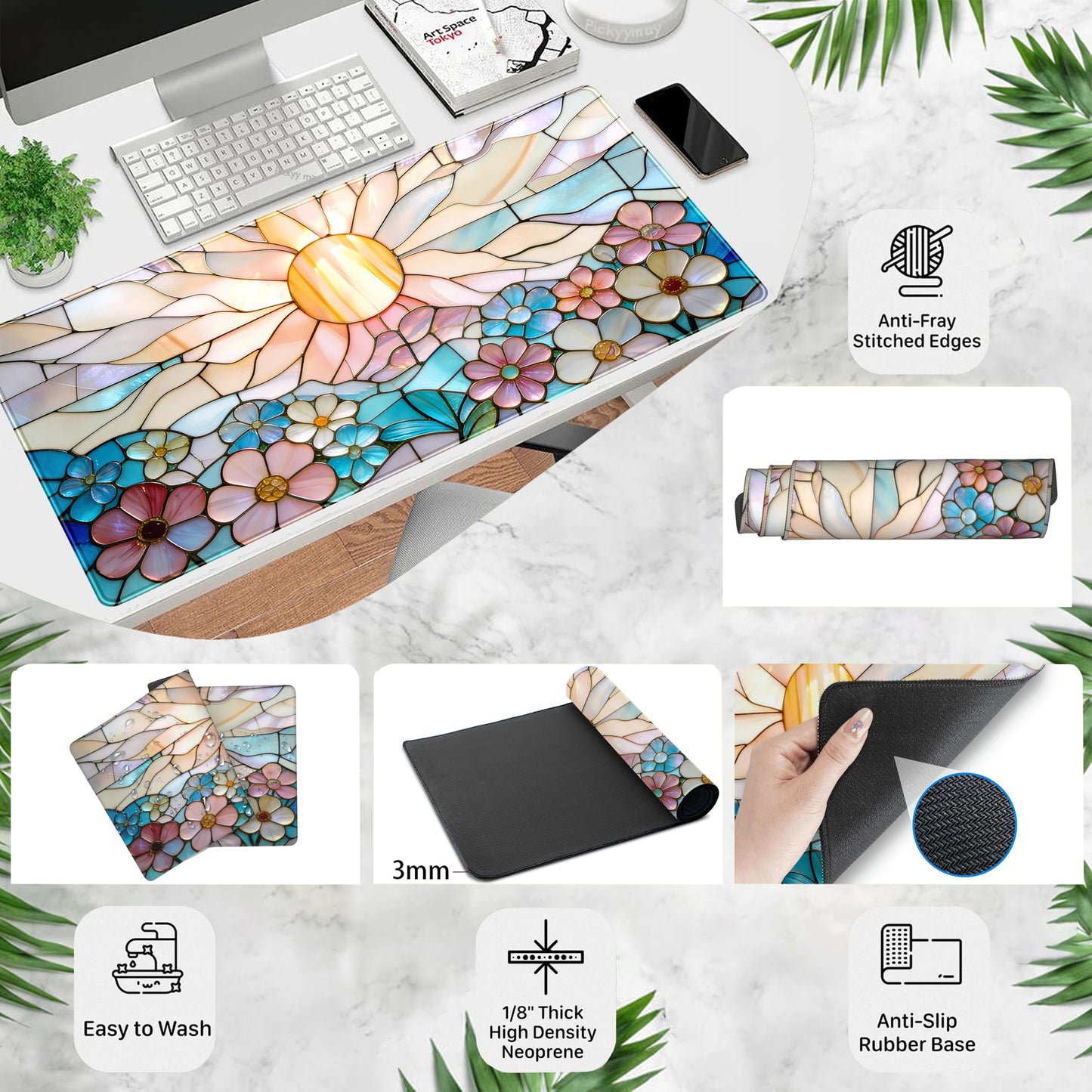 Stained Glass Desk Mat Large Mouse Pad Extended Desk Pad, Gaming Computer Mouse Mat XXL, Big