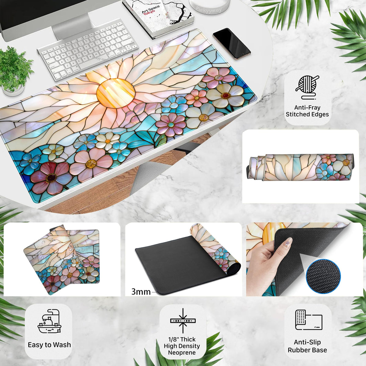 Stained Glass Desk Mat Large Mouse Pad Extended Desk Pad, Gaming Computer Mouse Mat XXL, Big