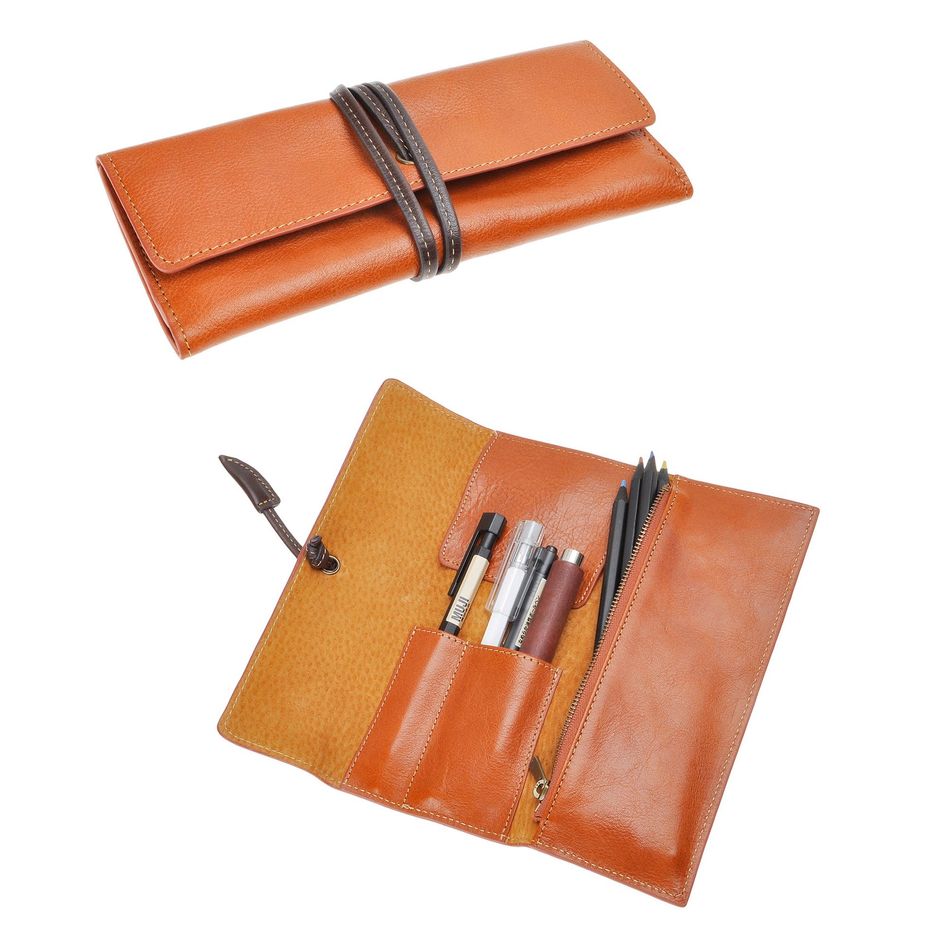 ZLYC Handmade Leather Pencil Case Soft Roll Bag Stationery Gift,Brown