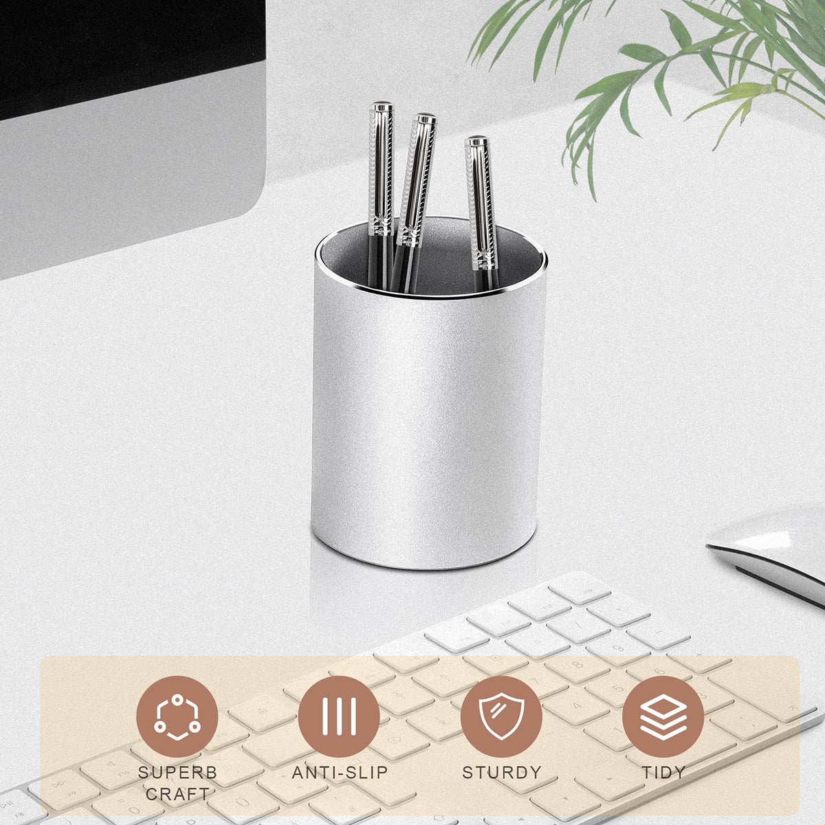 Vaydeer Metal Pen Holder Aluminum Pencil Holder for desk, Round Desktop Organizer and Silver Pencil