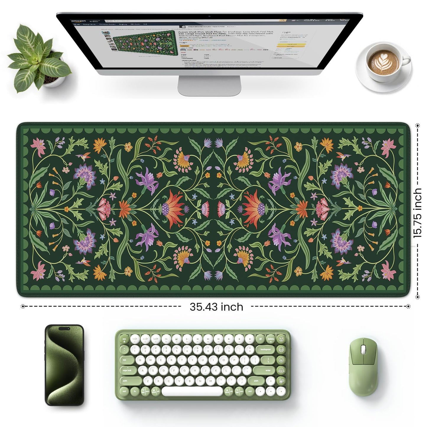 HAOCOO Moss Green Aesthetic Desk Pad, Large Keyboard Mat with Stitched Edge