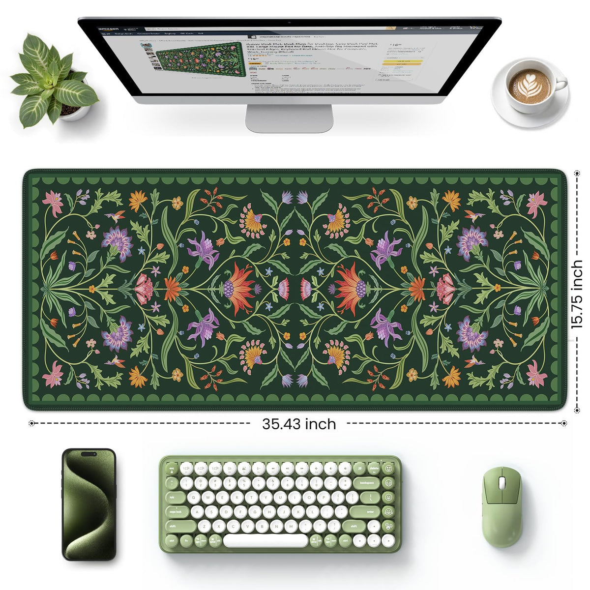 HAOCOO Moss Green Aesthetic Desk Pad, Large Keyboard Mat with Stitched Edge
