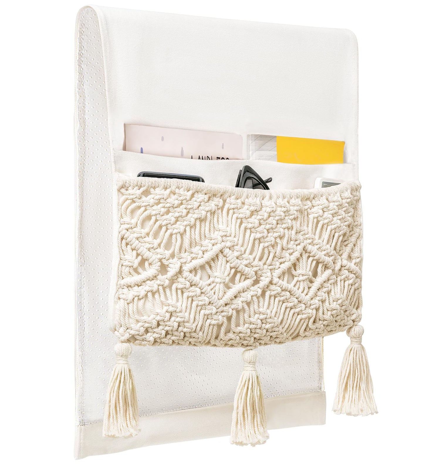 Mkono Macrame Armchair Caddy, Boho Couch Armrest Organizer, 4 Pockets Beige