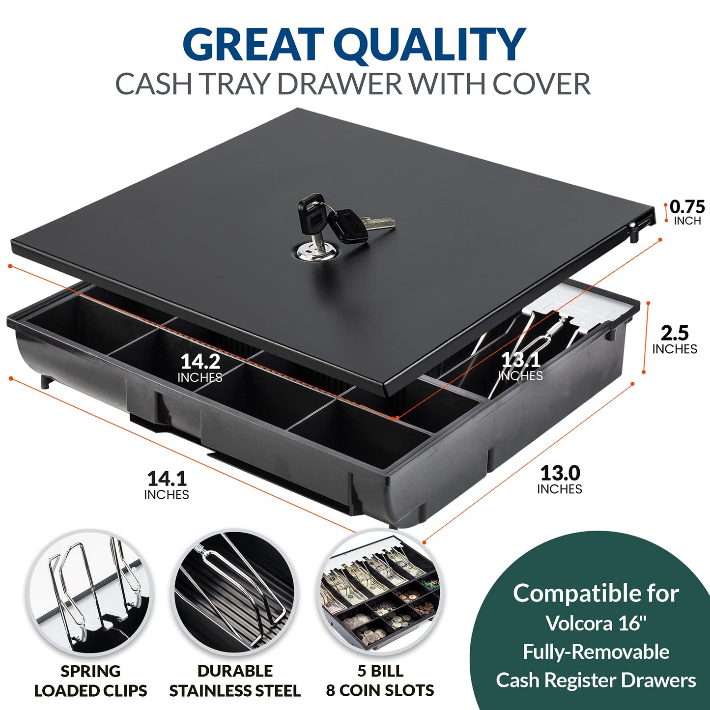 Volcora Cash Drawer Tray with Locking Cover - 14.1 x 13 x 2.5 Inch Metal Cash Lock Box with Lid - 5