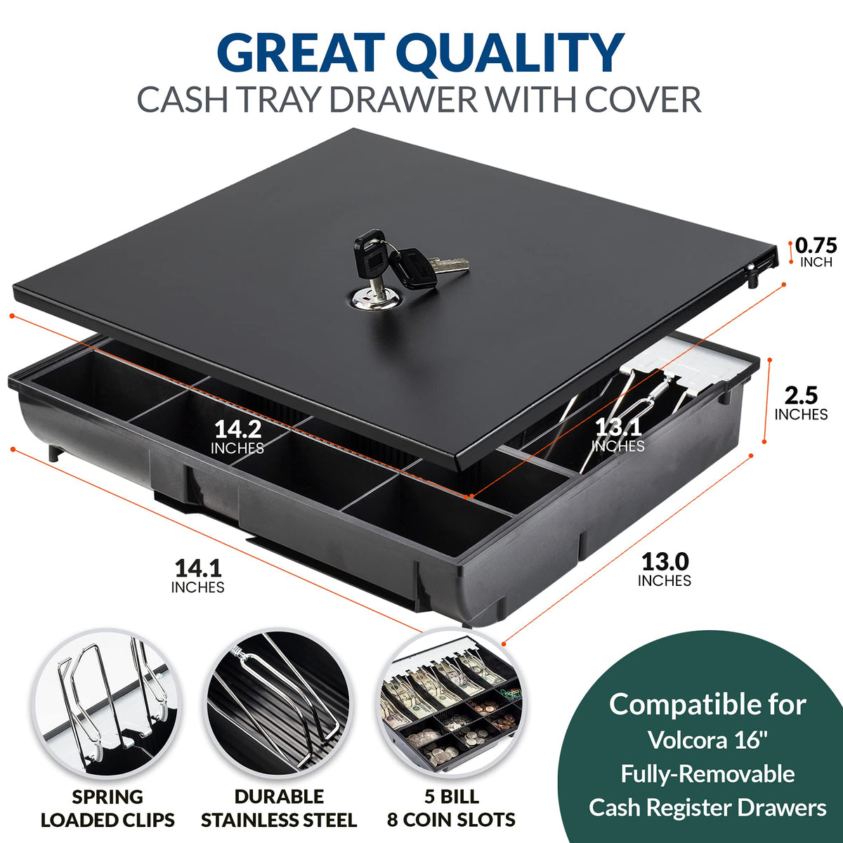 Volcora Cash Drawer Tray with Locking Cover - 14.1 x 13 x 2.5 Inch Metal Cash Lock Box with Lid - 5