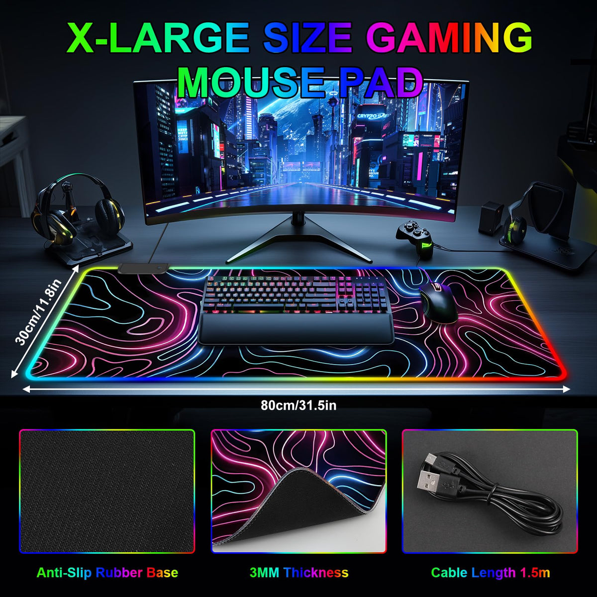 Mouse Pad 31.5 X 11.8 Inches RGB Mouse Mat with 13 Light Modes