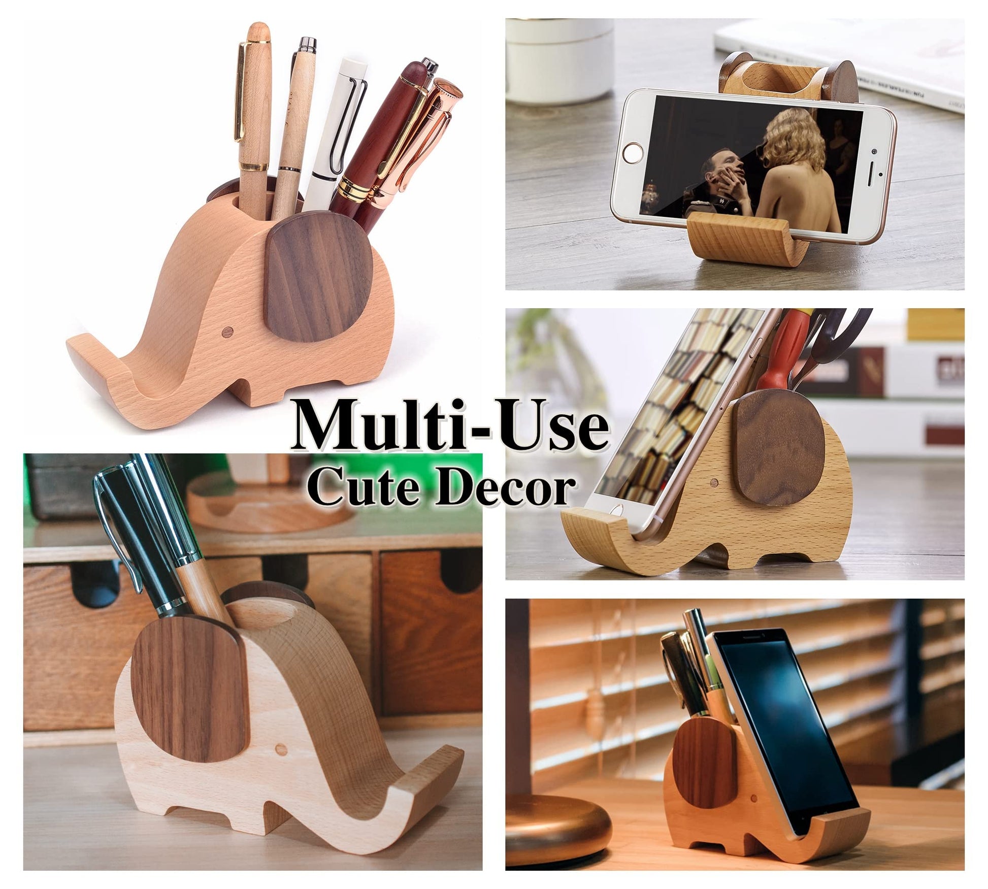 Artinova Elephant Wooden Pen Cup Pencil Holder for Desk Decor Desk Organizer with Cell Phone Stand