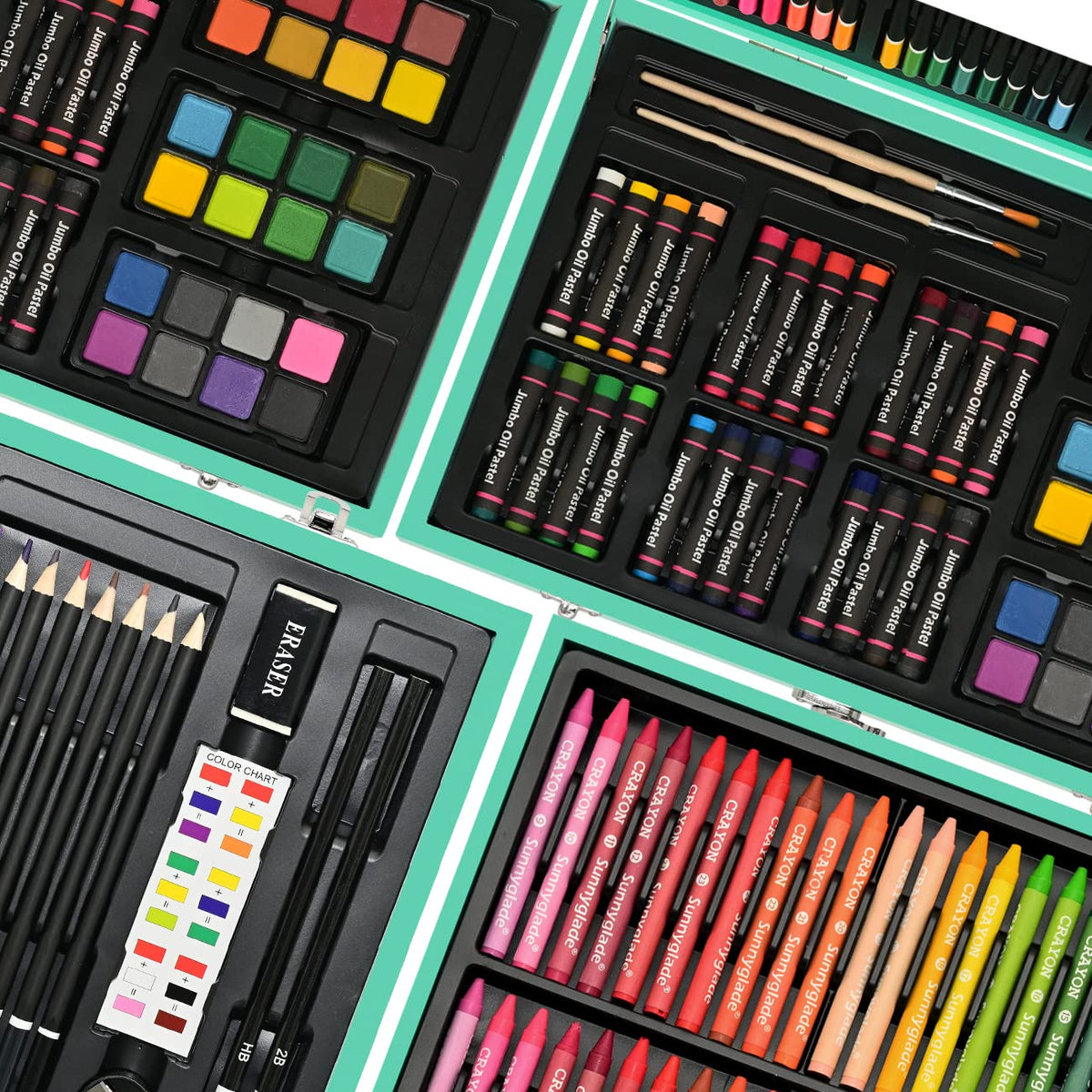 Sunnyglade 145 Piece Deluxe Art Set Wooden Art Box & Drawing Kit Green