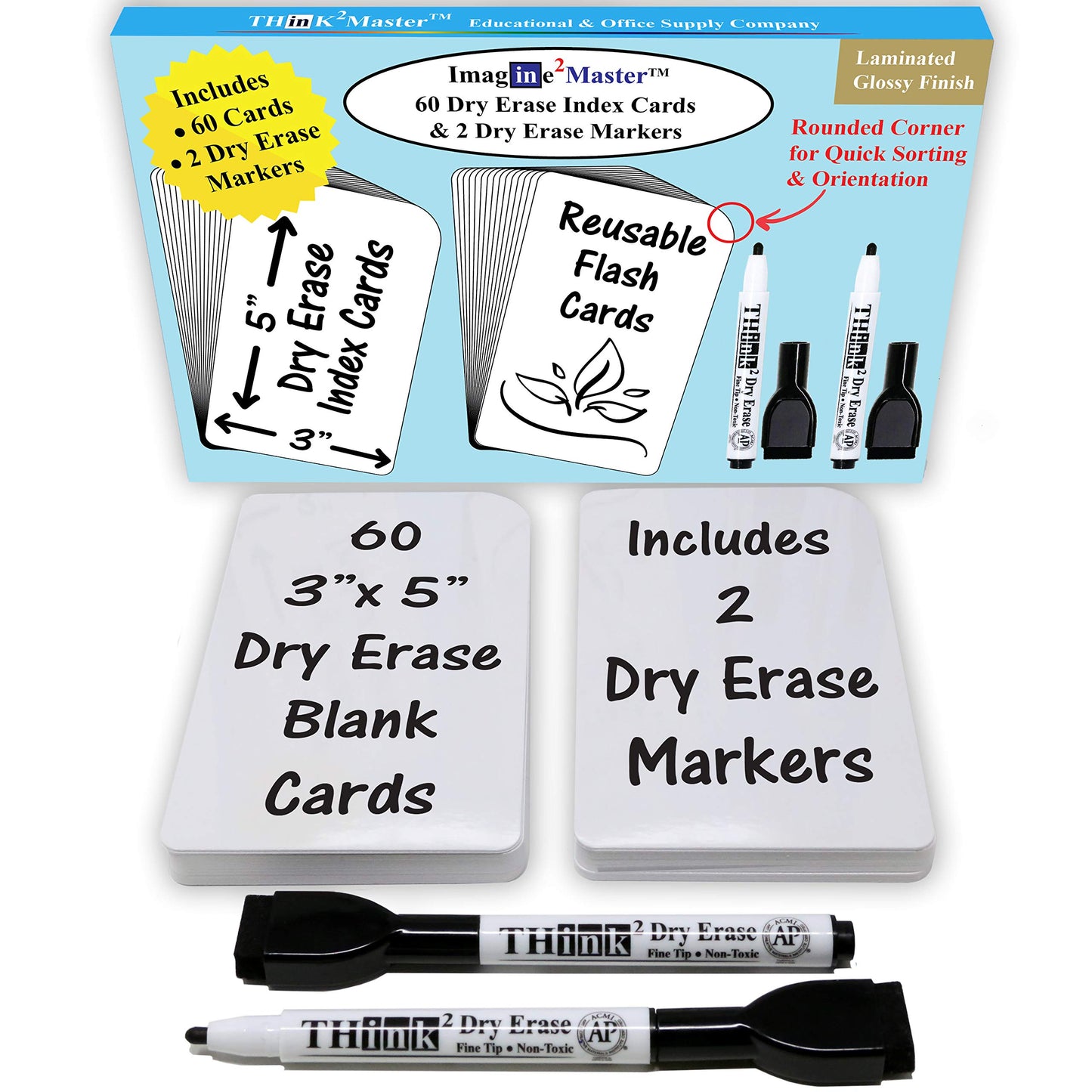 Imagine2Master 60 Blank Dry Erase Index Cards (3” X 5”). Comes with 2 Dry Erase Markers. DIY Flash