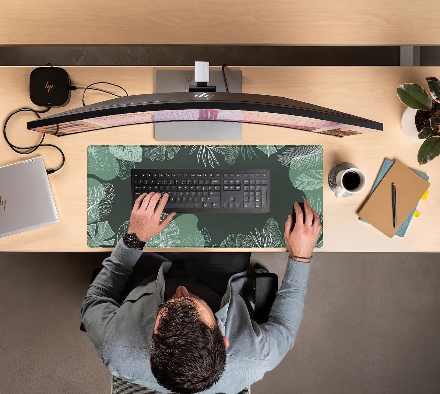 Green Plants Desk Mat Tropical Leaves Mouse Pad Cute, Large Extendded Gaming Deskmat, XXL Laptop