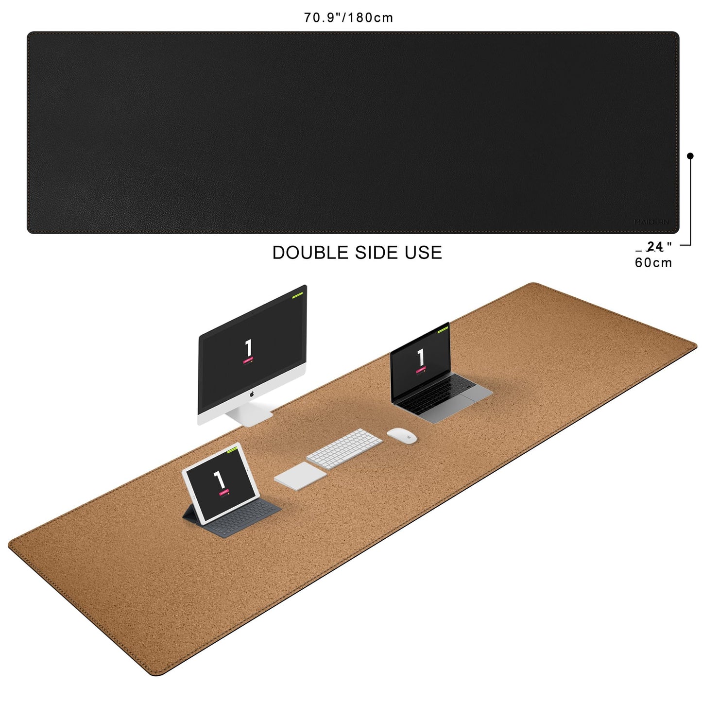 MAIDERN 70.8”x 23.6” Cork & Leather Desk Mat, Large Desk Pad (Black)