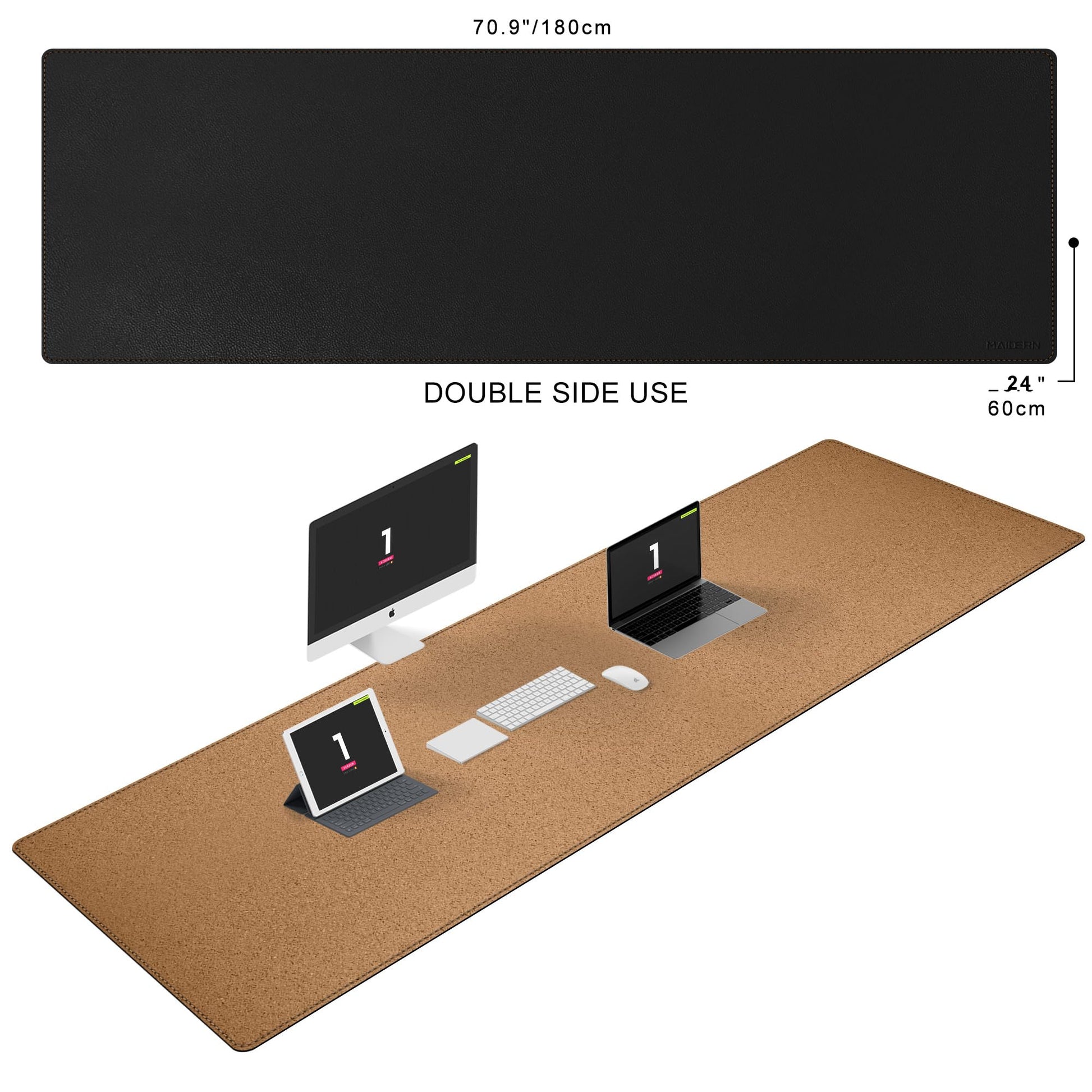MAIDERN 70.8”x 23.6” Cork & Leather Desk Mat, Large Desk Pad (Black)