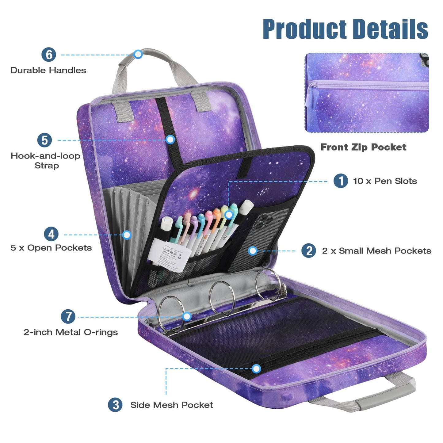 MoKo Zipper Binder, 2 inch 3 Ring Binder with 500 Sheet Capacity Multi-Pocket School Bag with